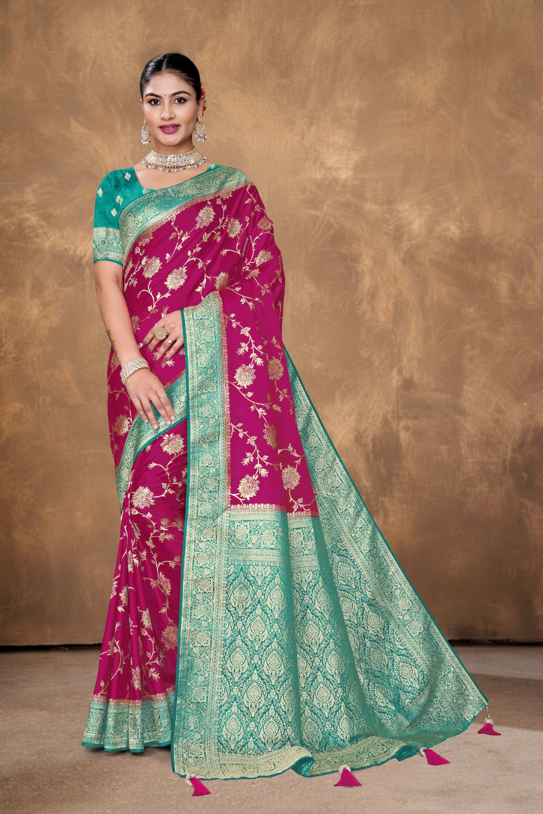 Rani Pink Satin Woven Saree