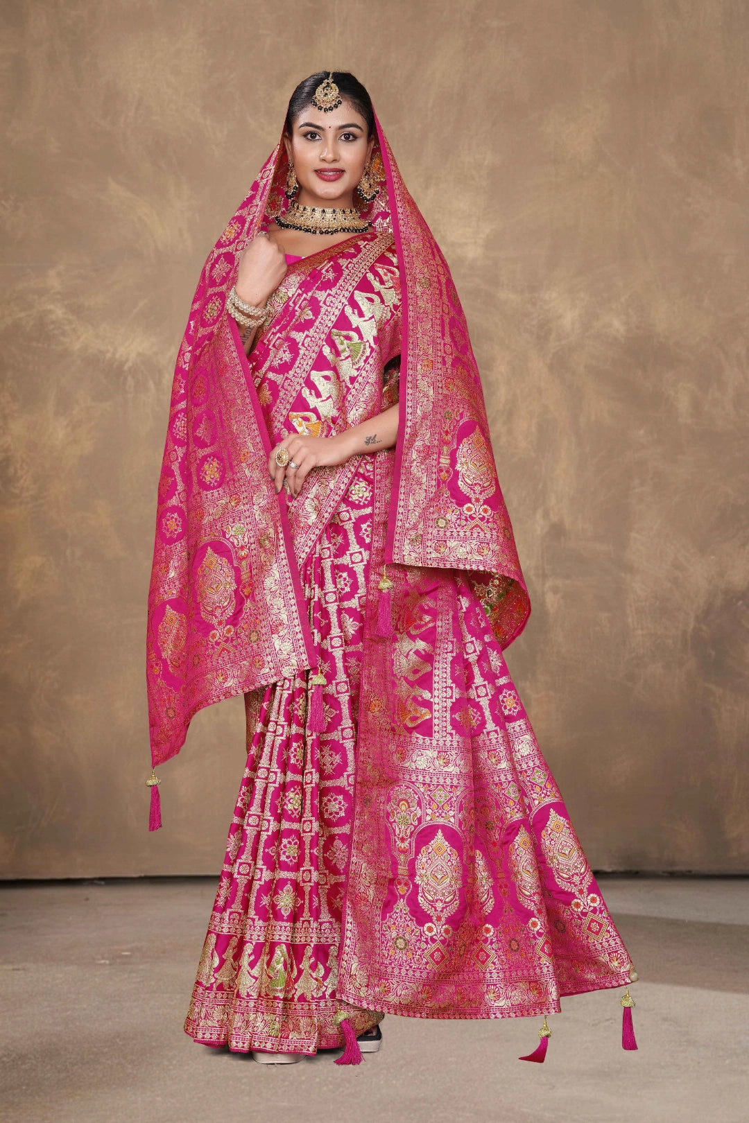Royal Heritage Satin Saree with Floral Motif Dupatta