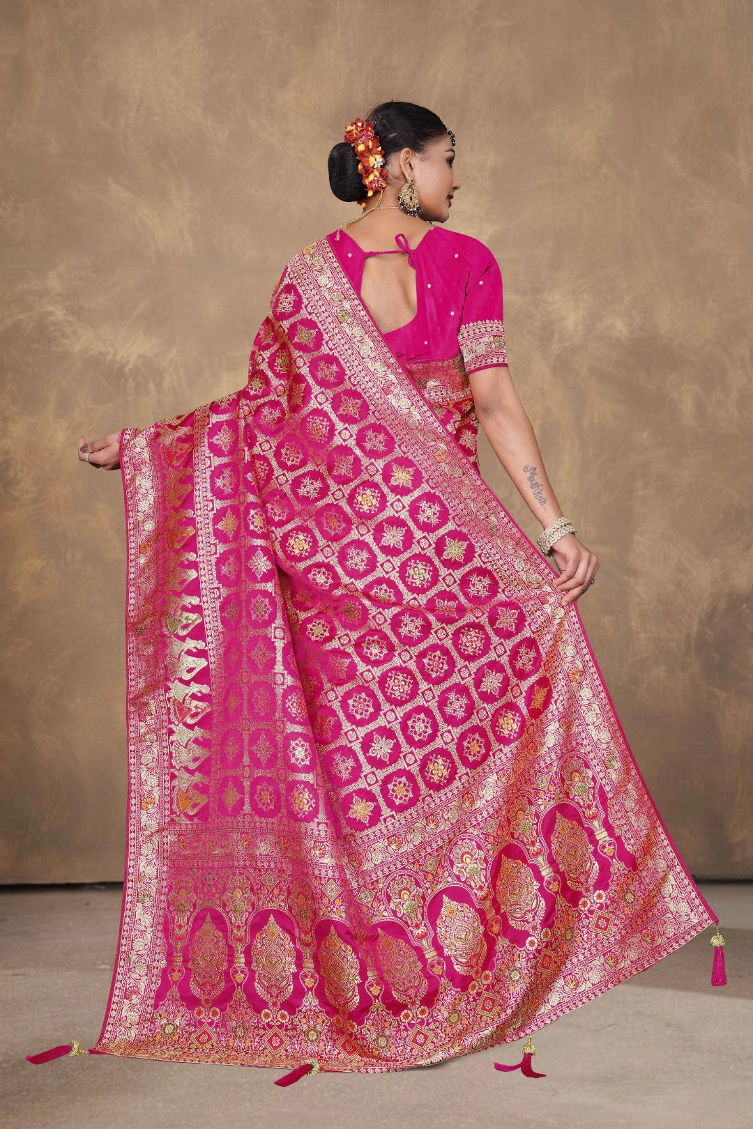 Royal Heritage Satin Saree with Floral Motif Dupatta