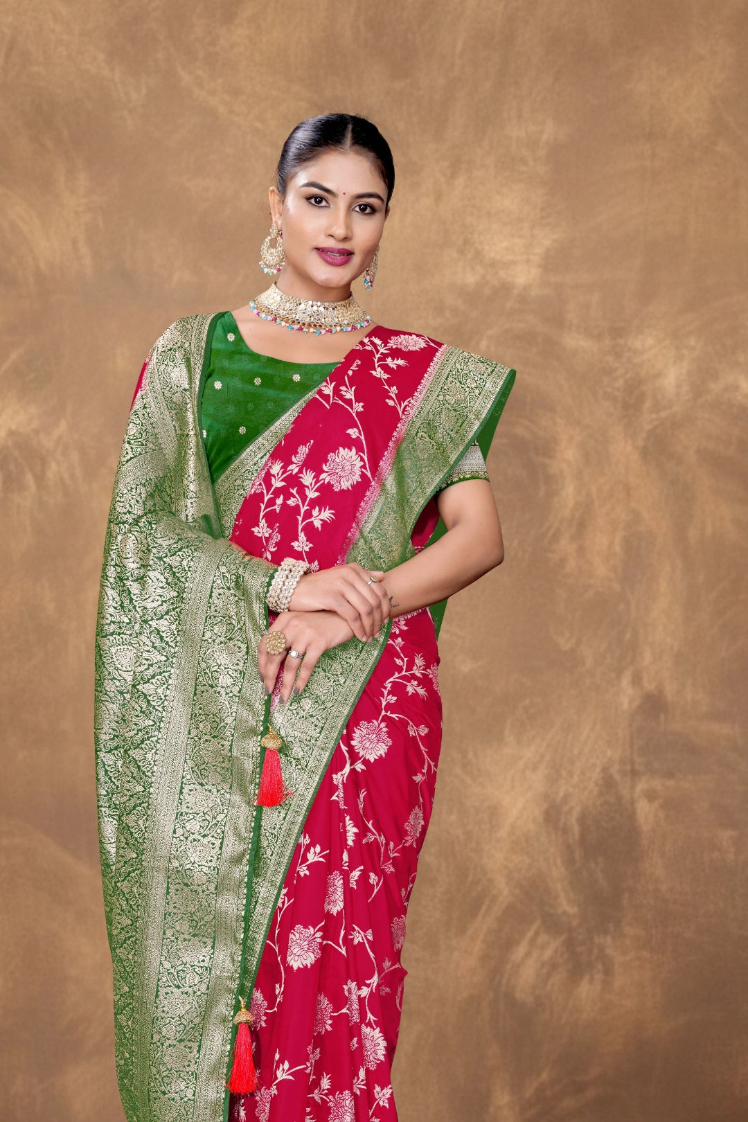 Cherry Red Satin Woven Saree