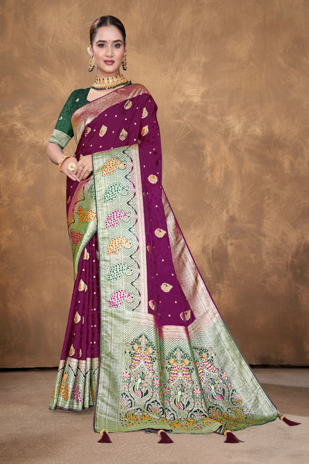 Wine Banarasi Silk Satin Woven Saree