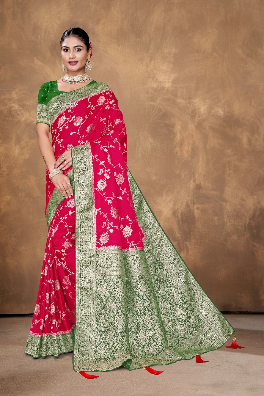 Cherry Red Satin Woven Saree