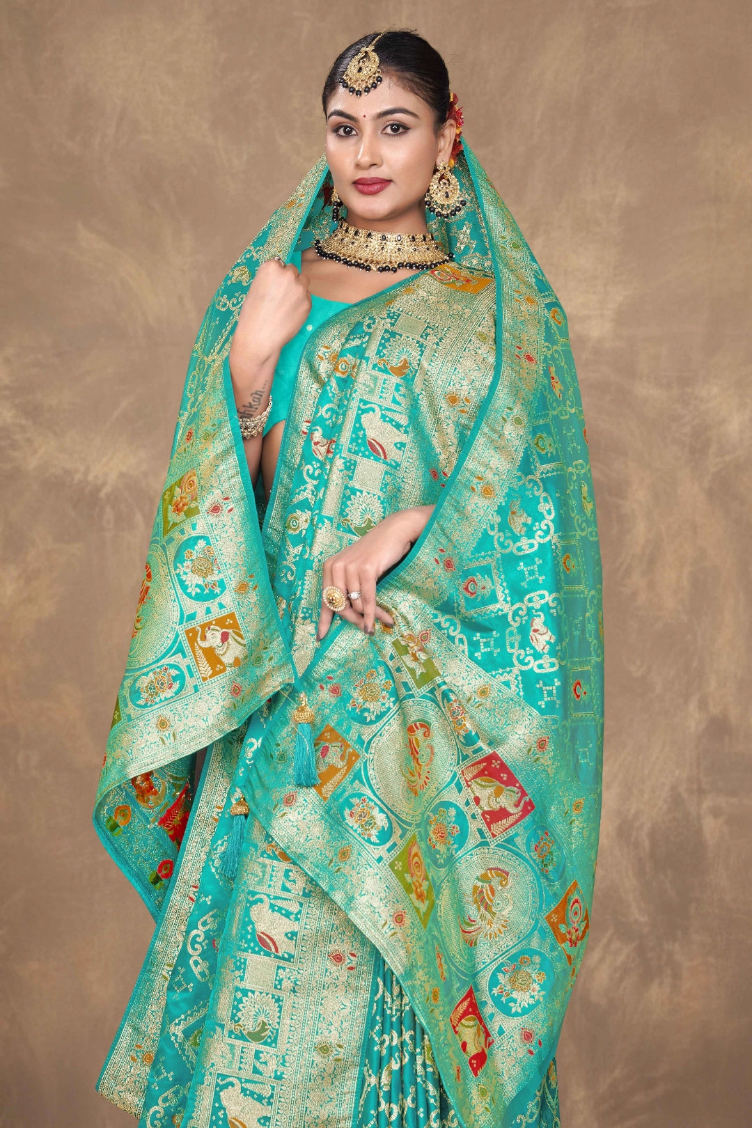Aqua Green Elephant Heritage Woven Satin Saree with Dupatta