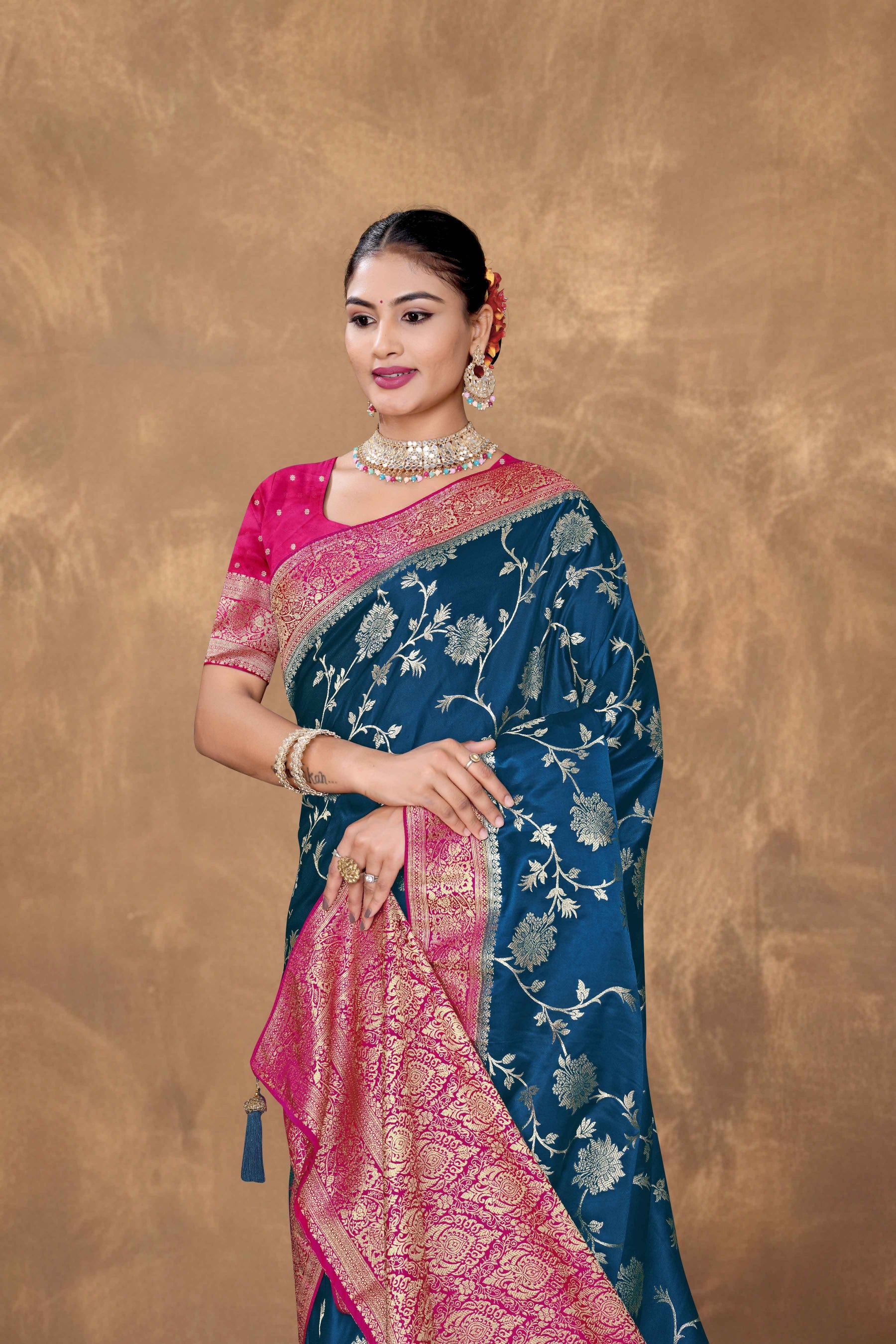 Royal Blue Satin Woven Saree