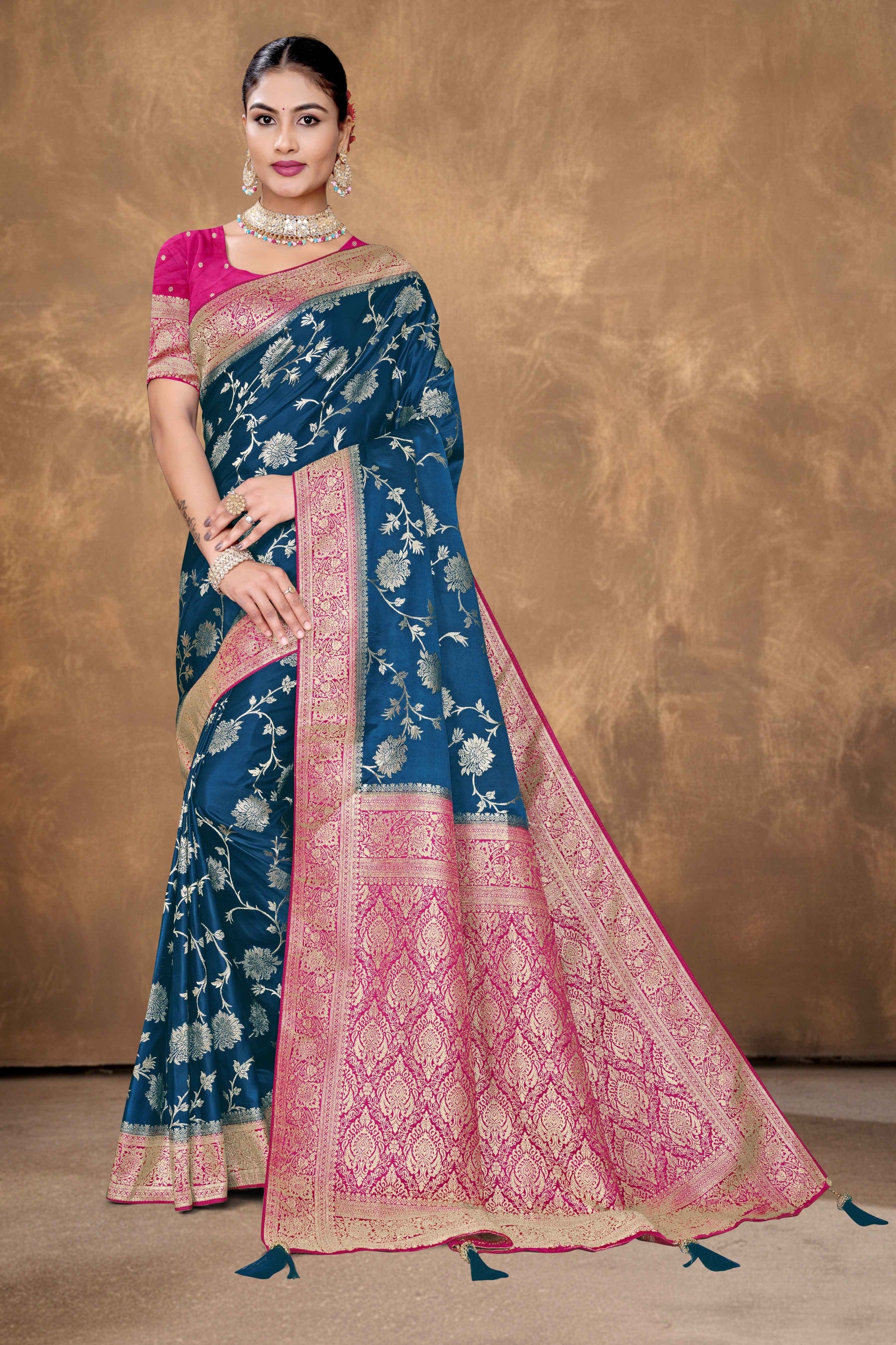 Royal Blue Satin Woven Saree