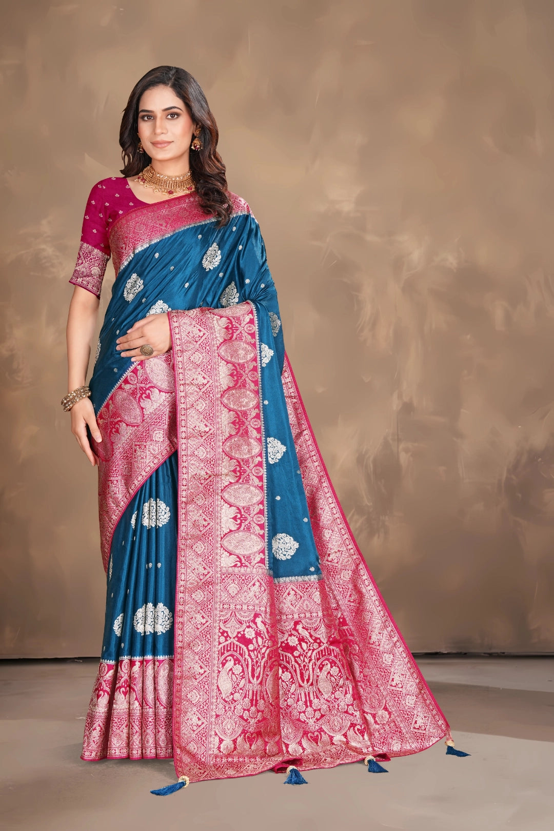Teal Blue Classic Banarasi Satin Silk Saree