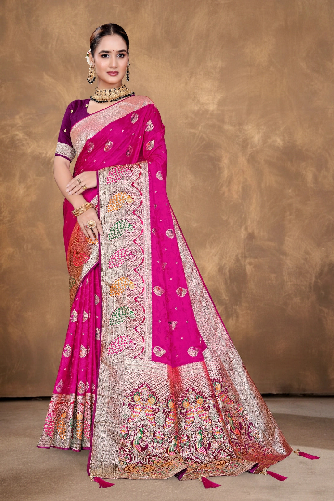 Rani Pink Banarasi Silk Satin Woven Saree