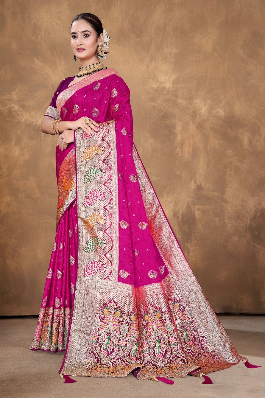 Rani Pink Banarasi Silk Satin Woven Saree