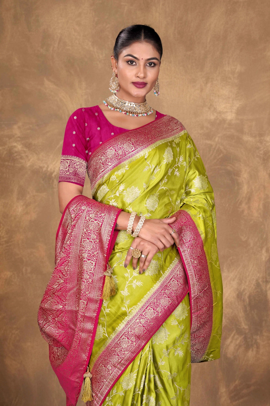 Parrot Green & Pink Satin Woven Saree