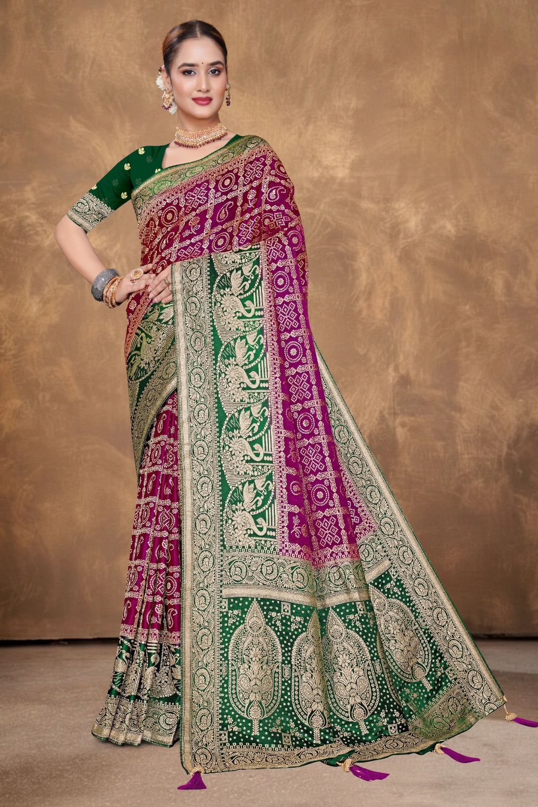 Mehendi Green & Wine Zari Satin Saree