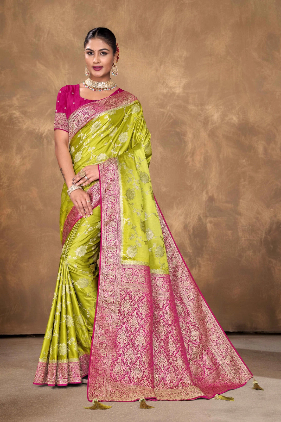 Parrot Green & Pink Satin Woven Saree