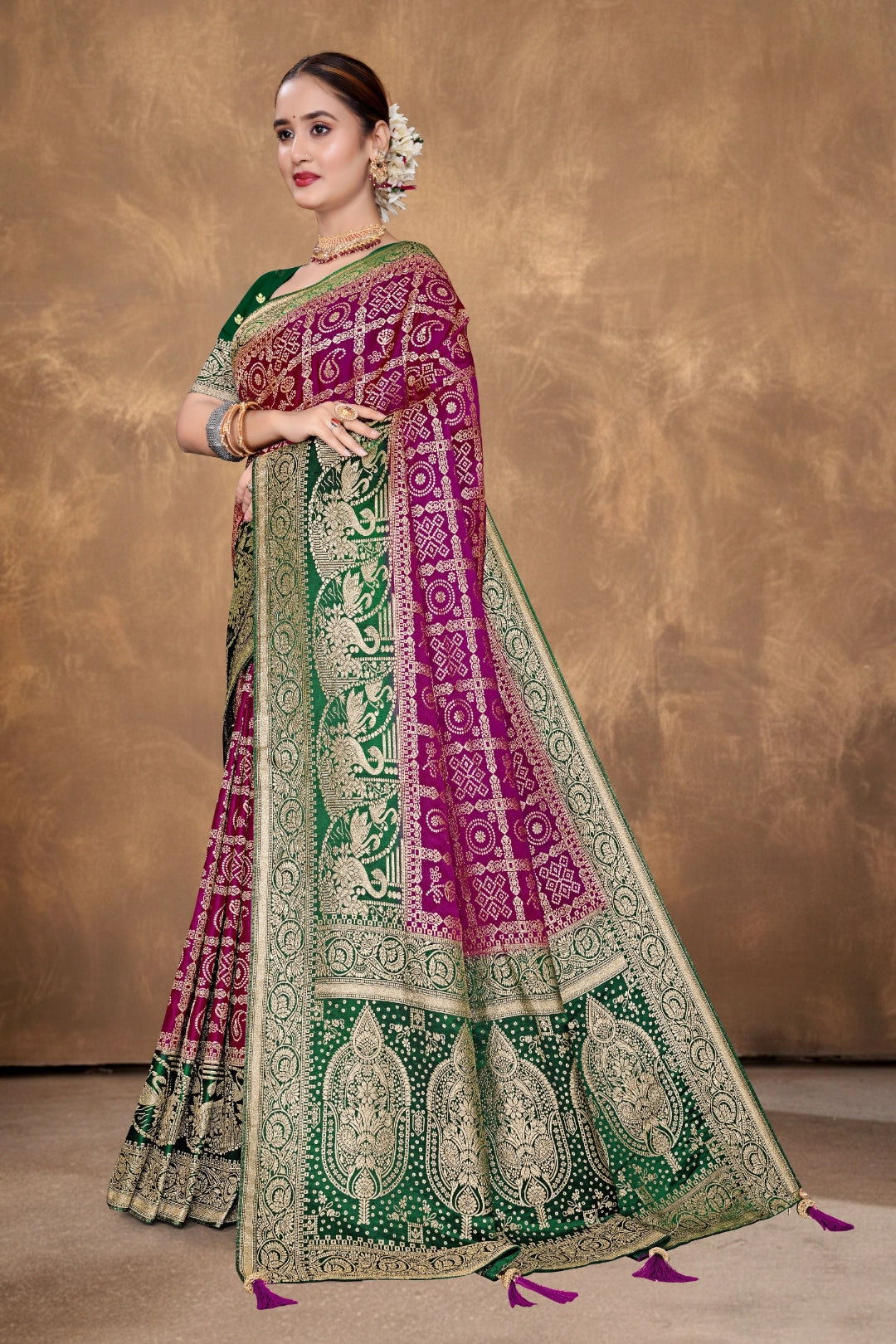Mehendi Green & Wine Zari Satin Saree
