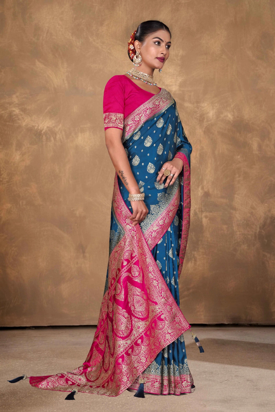 Navy Blue Satin Zari Woven Saree