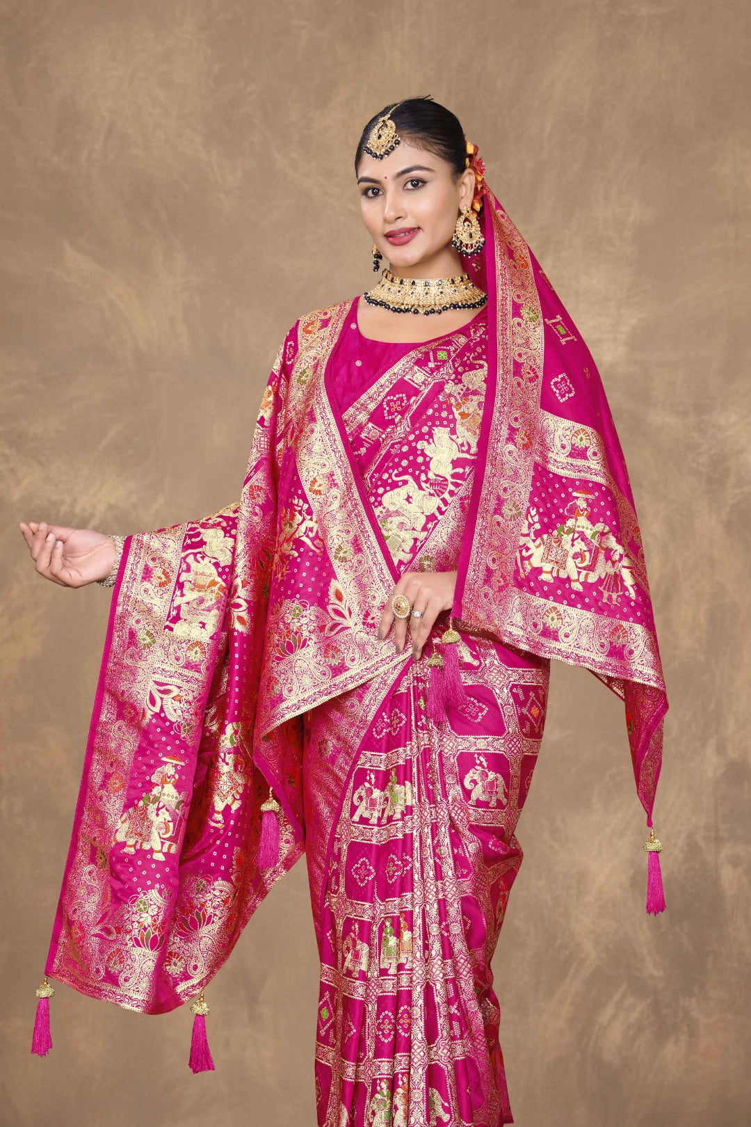 Rani Pink Royal Woven Satin Saree with Dupatta