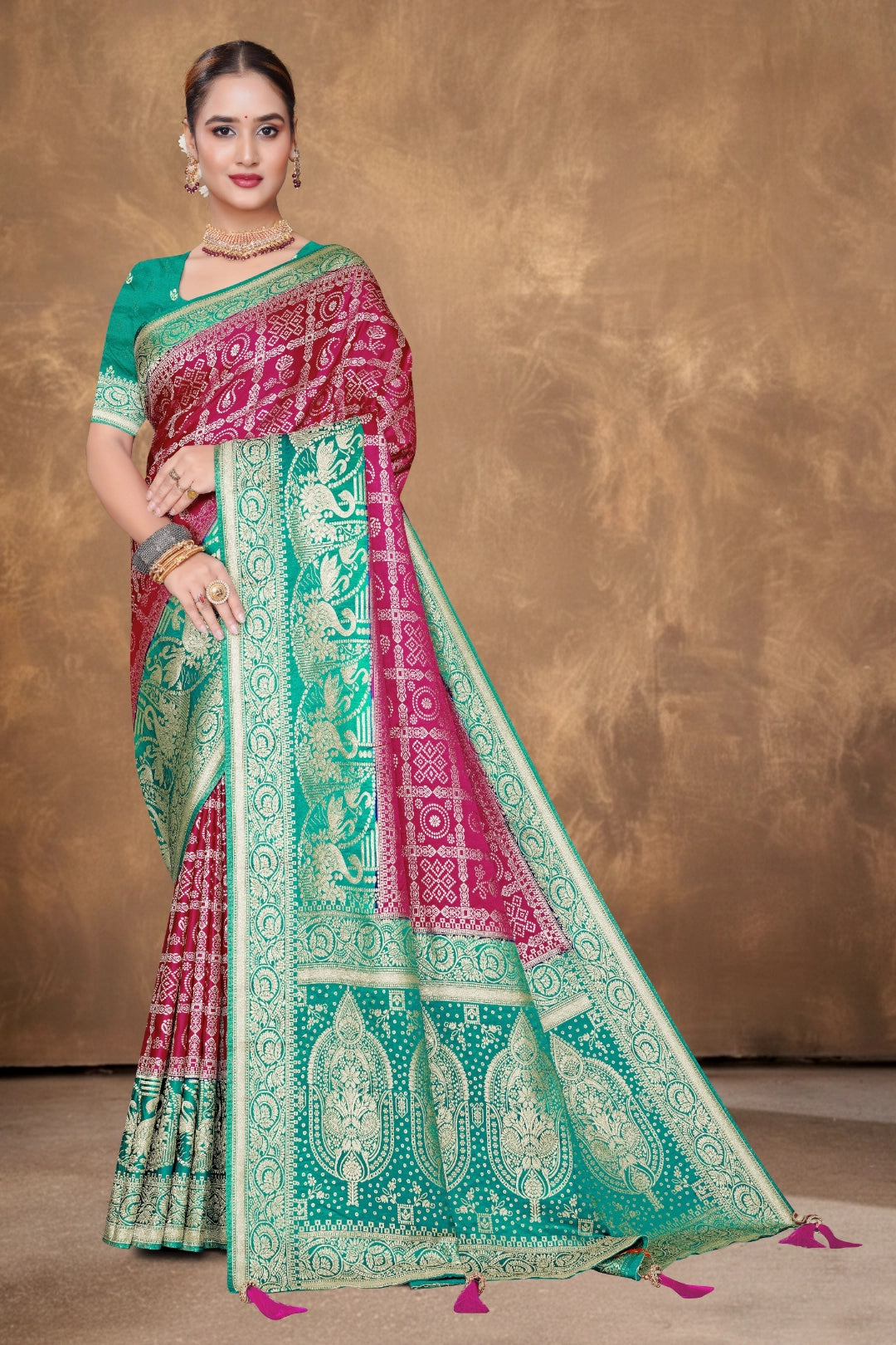 Peacock Teal And Rani Pink Satin Saree