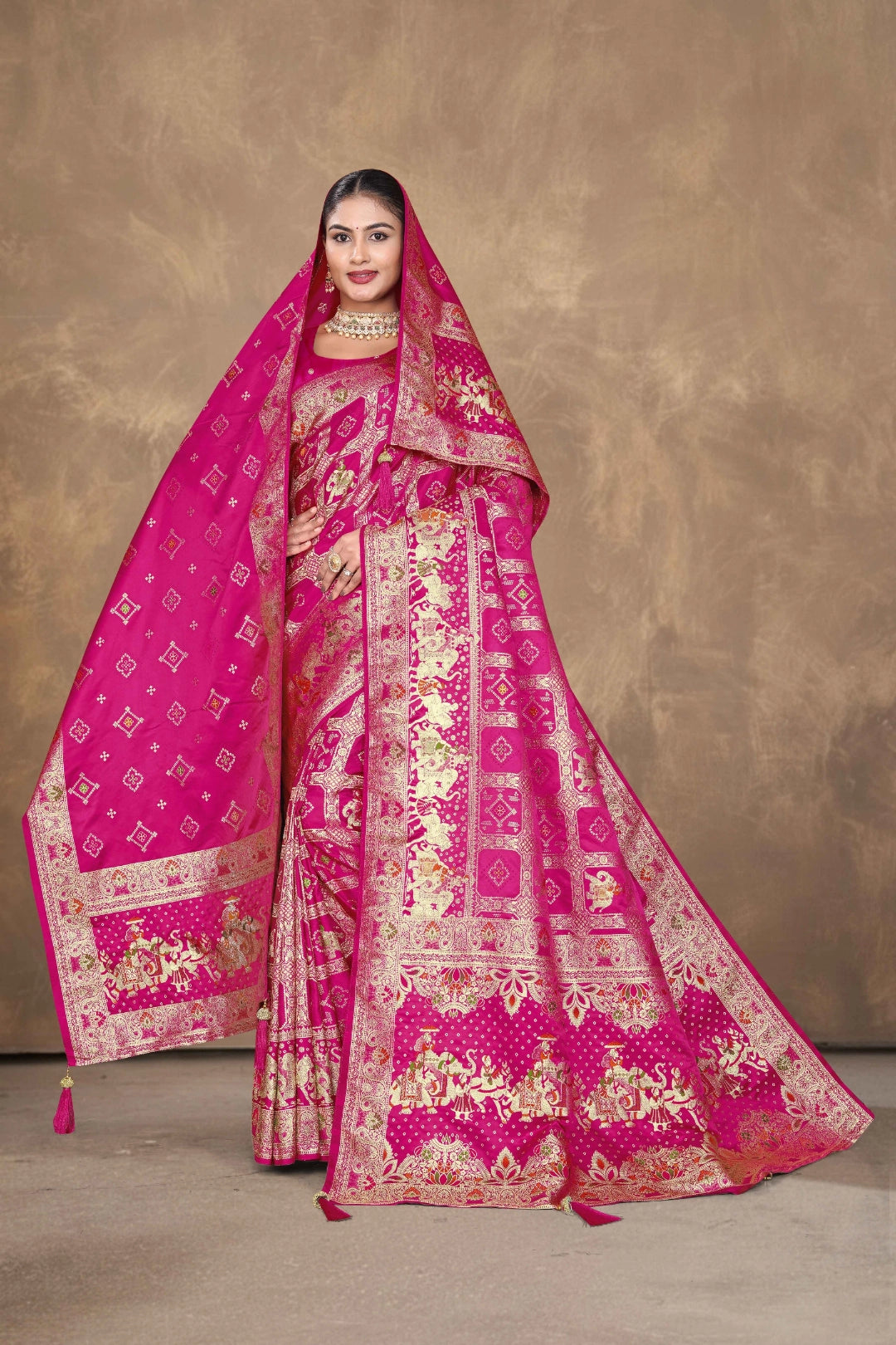 Rani Pink Royal Woven Satin Saree with Dupatta