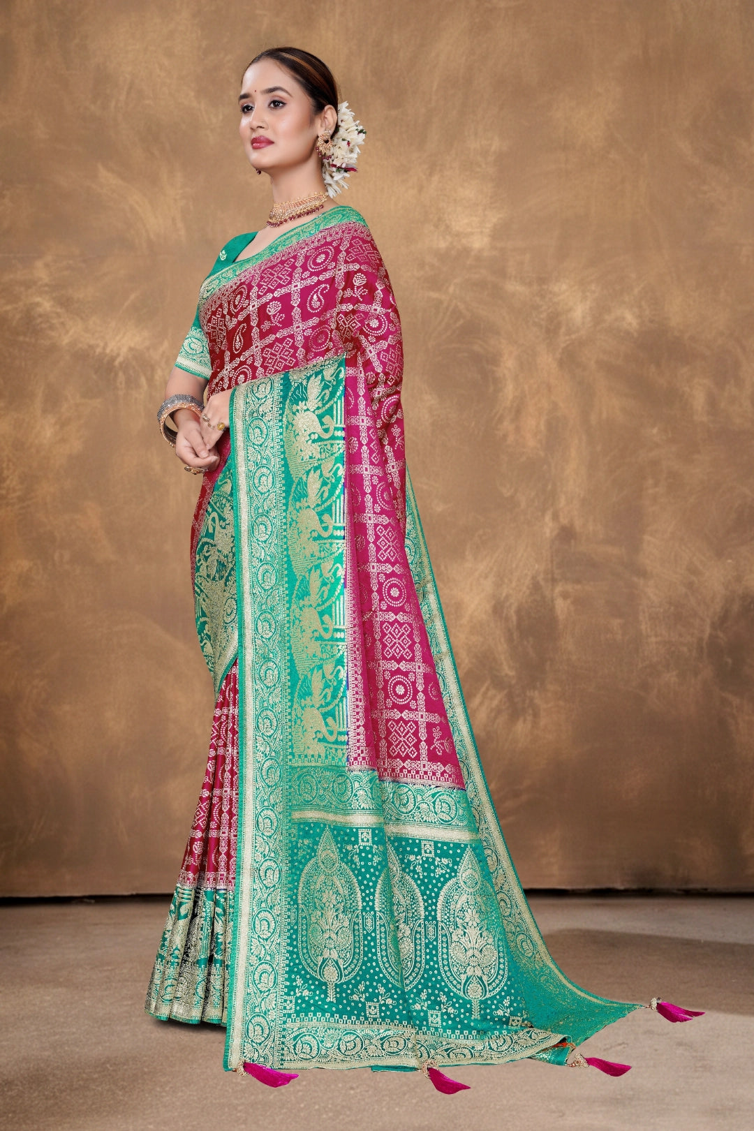 Peacock Teal And Rani Pink Satin Saree