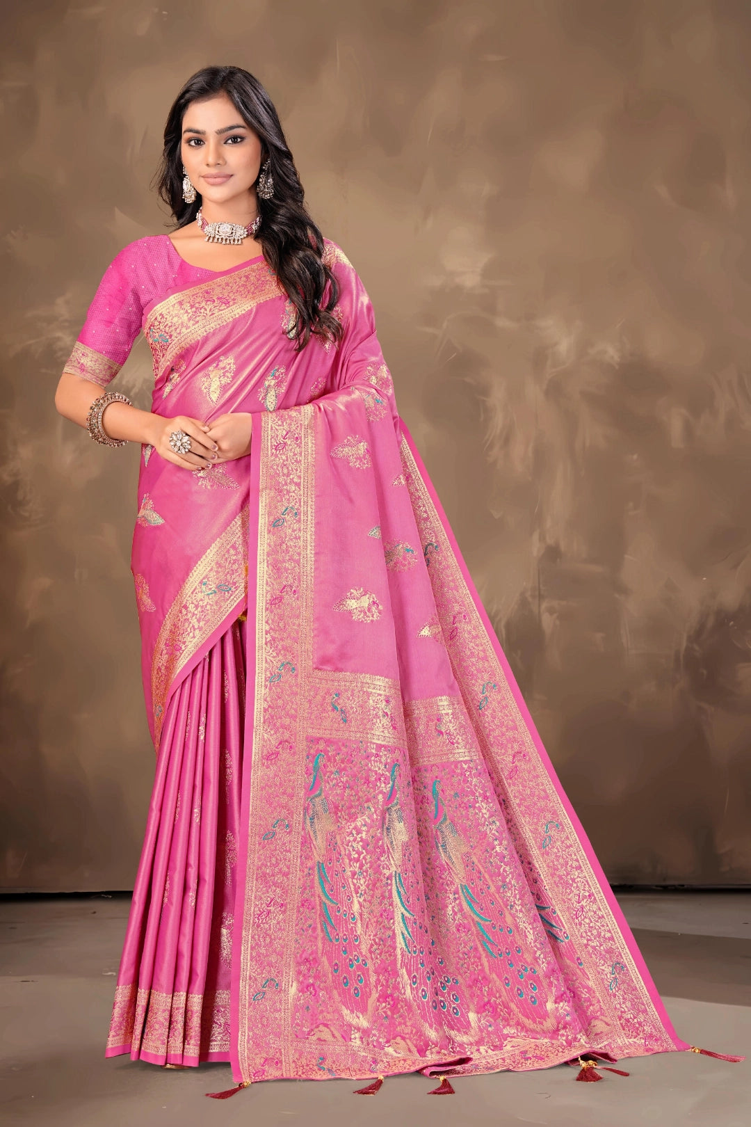 Baby Pink Green Top Dyed Satin Saree