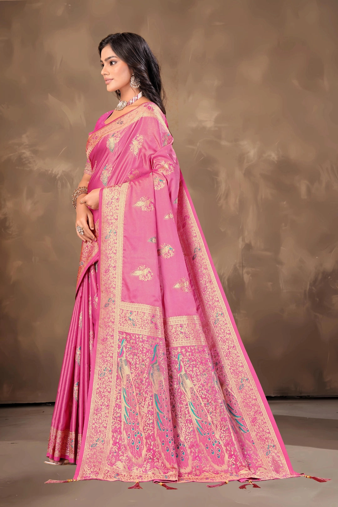 Baby Pink Green Top Dyed Satin Saree