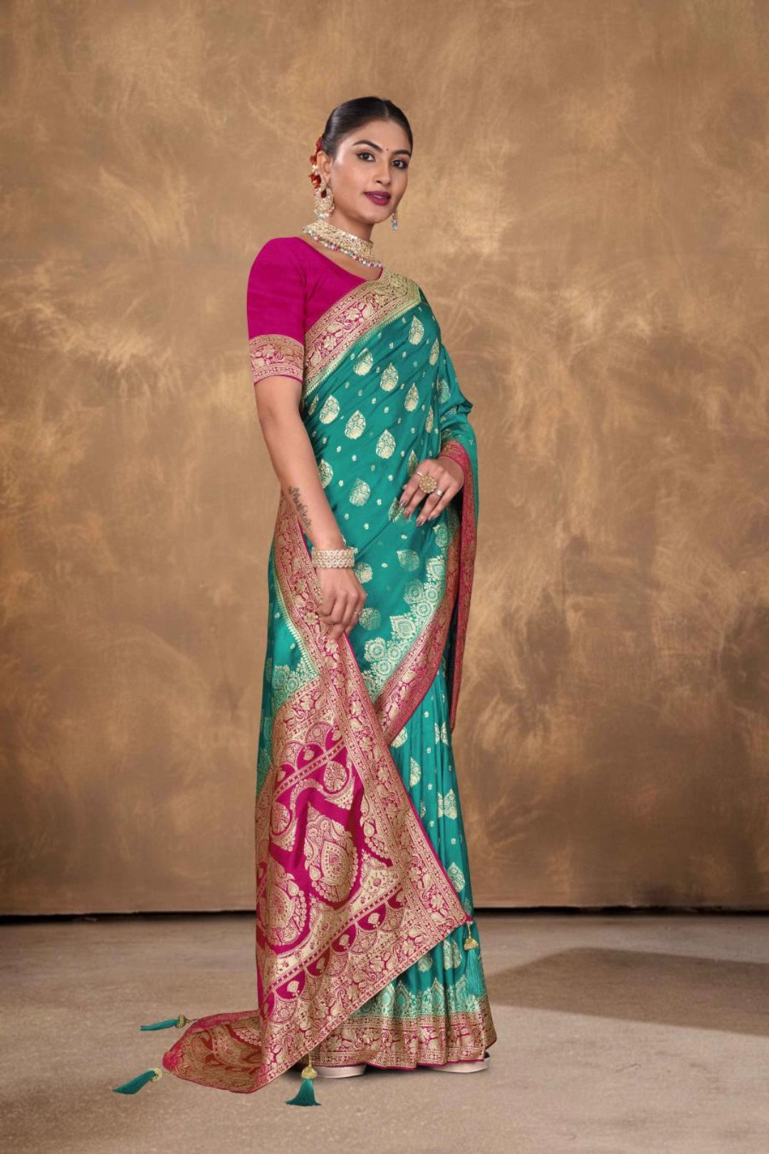 Emerald Blue Satin Zari Woven Saree
