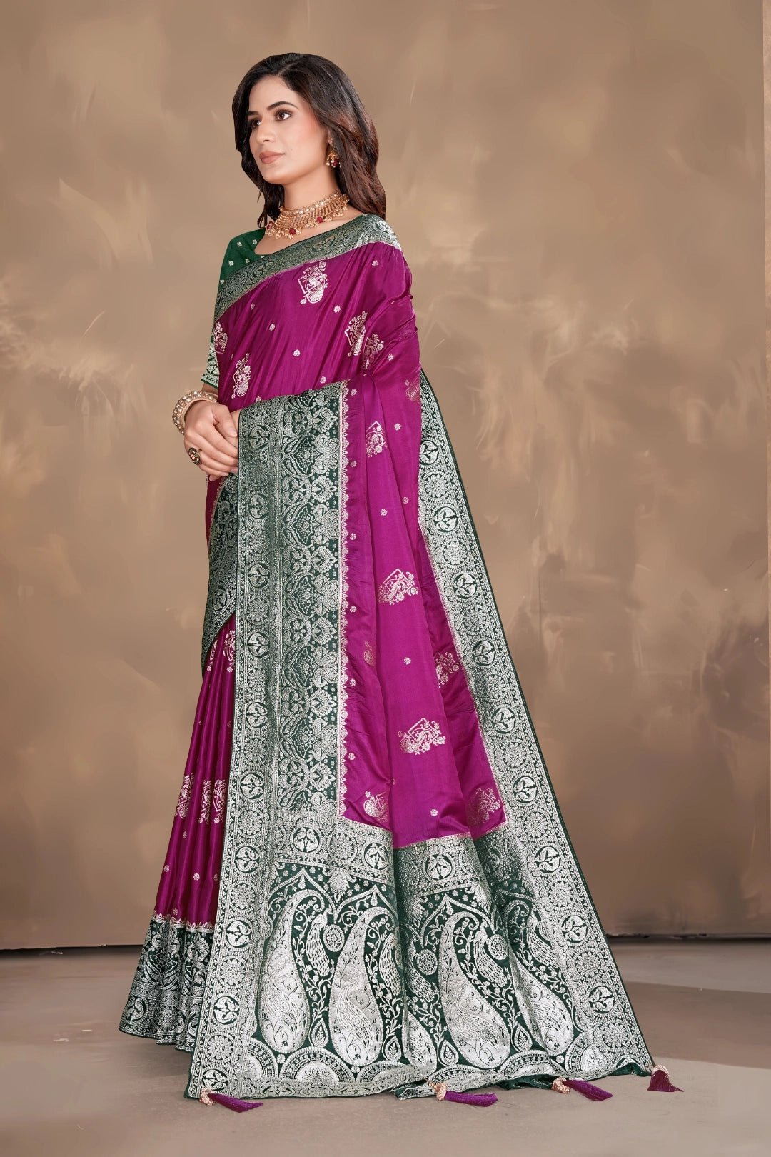 Deep Magenta Satin Woven Saree