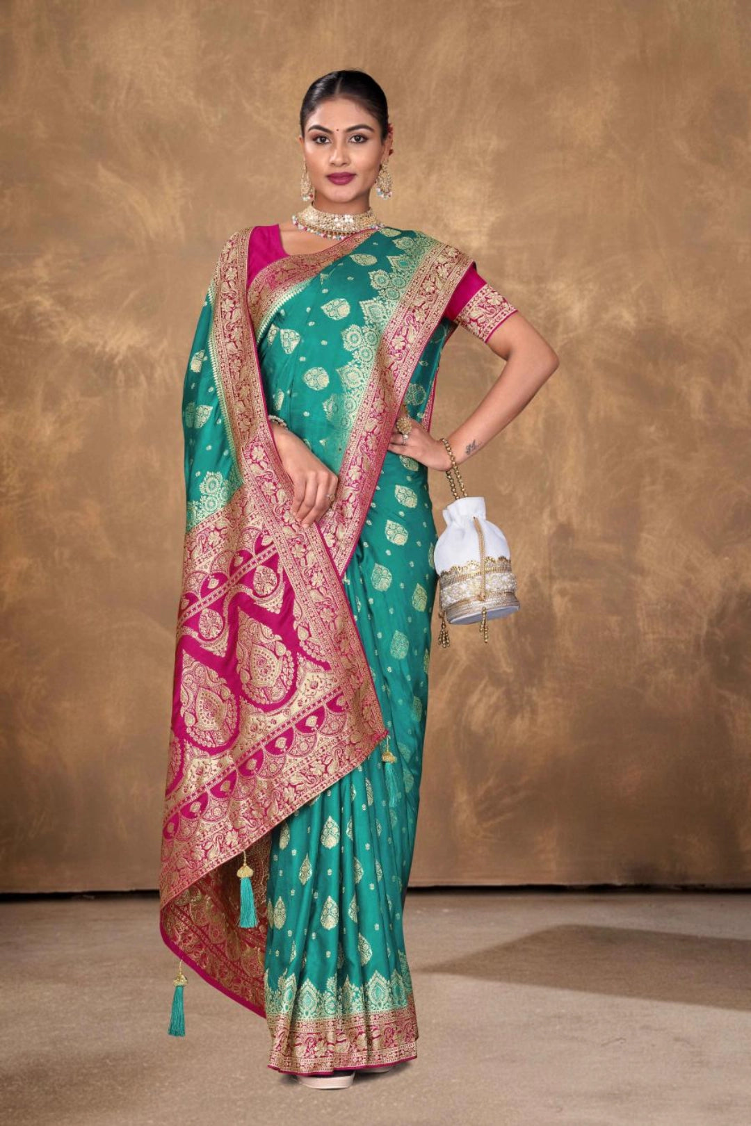 Emerald Blue Satin Zari Woven Saree