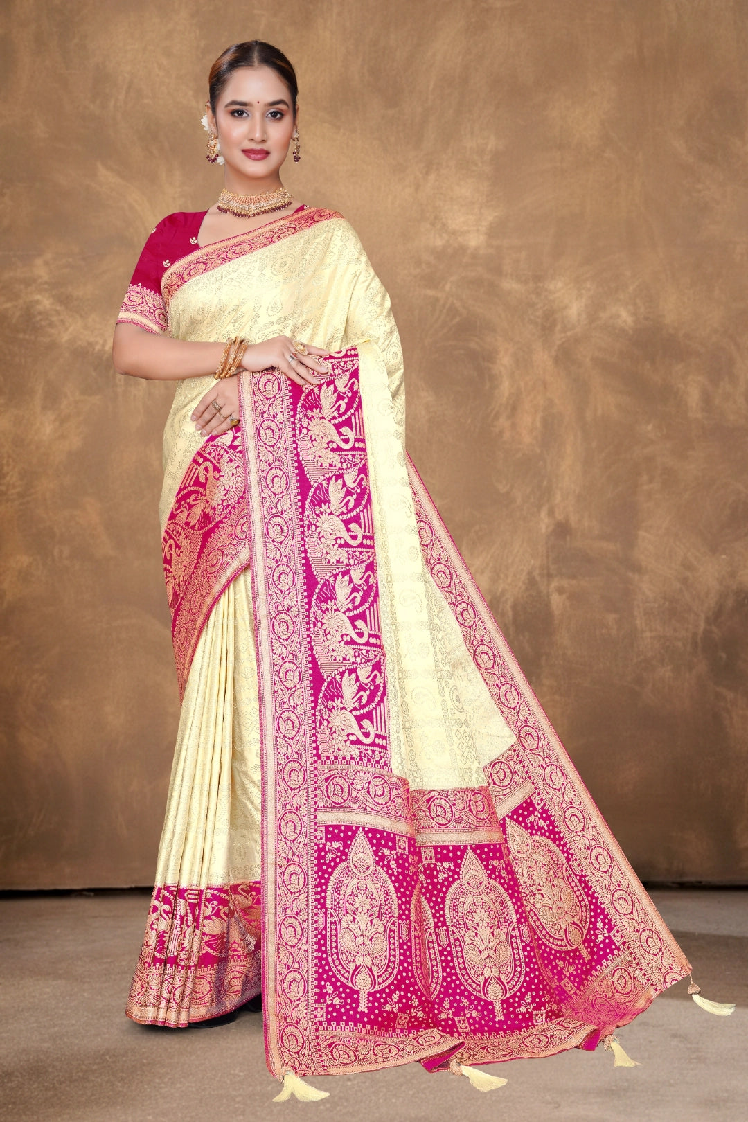 Royal Ivory & Rani Pink Satin Saree