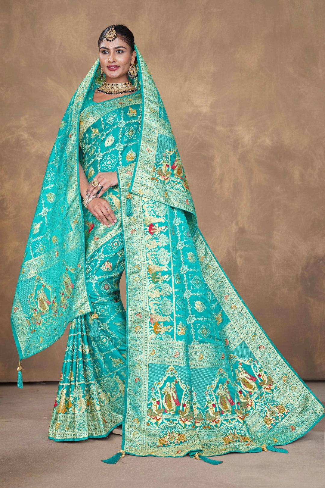 Turquoise Blue Royal Heritage Panel Woven Satin Saree with Dupatta