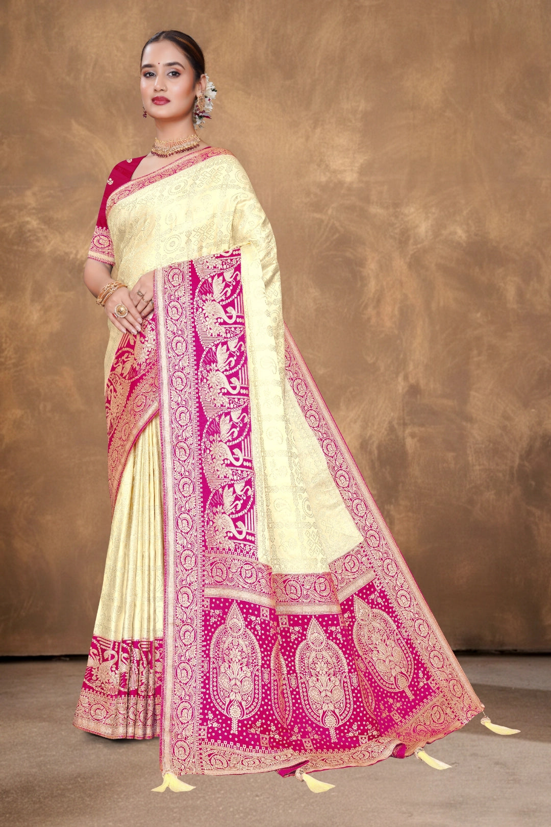 Royal Ivory & Rani Pink Satin Saree