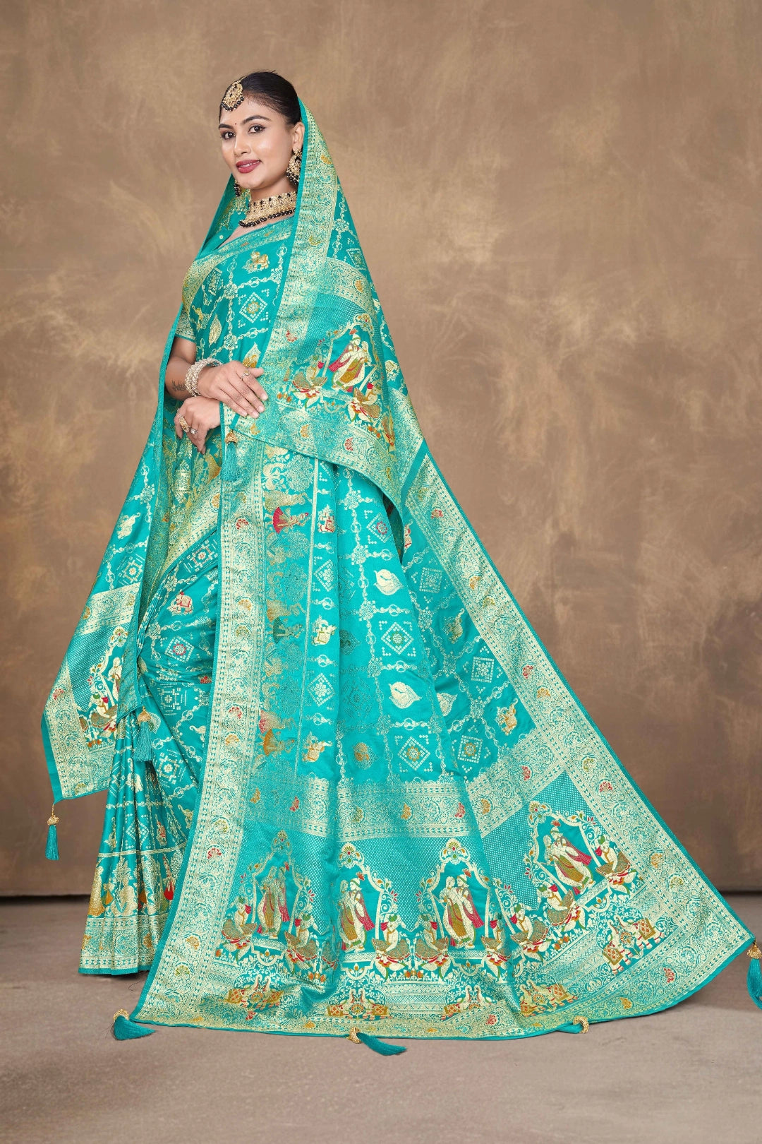 Turquoise Blue Royal Heritage Panel Woven Satin Saree with Dupatta