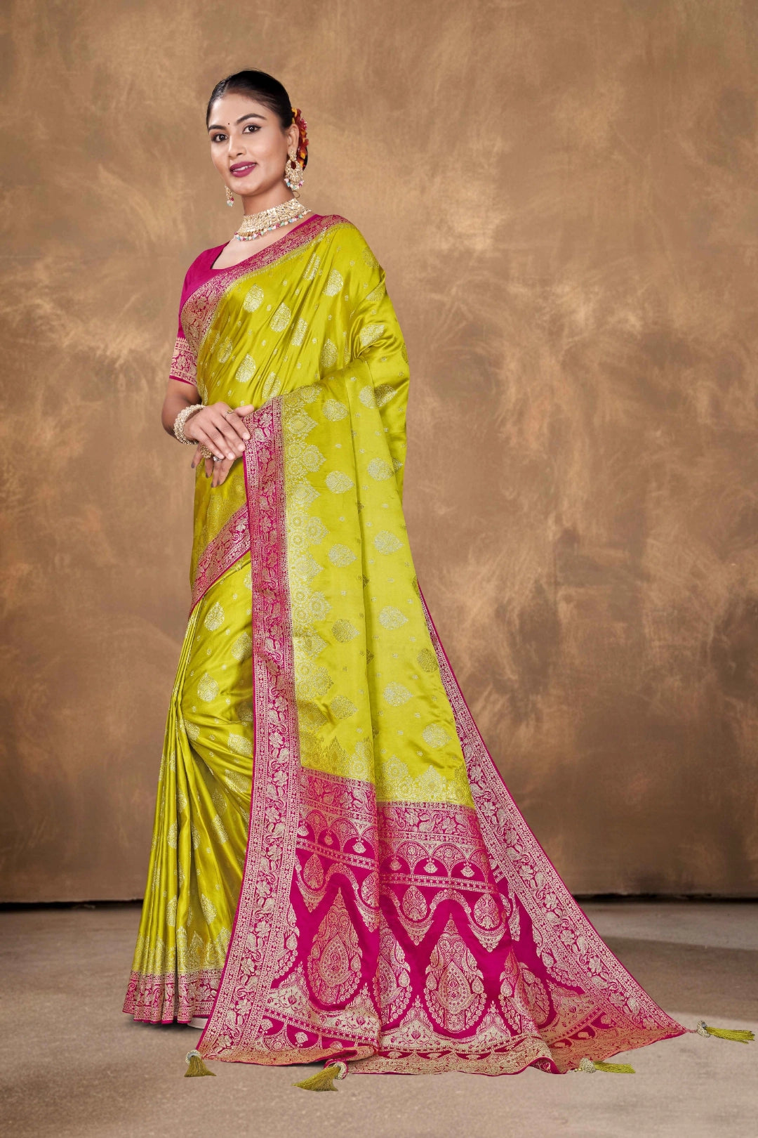 Lime Green Satin Zari Woven Saree
