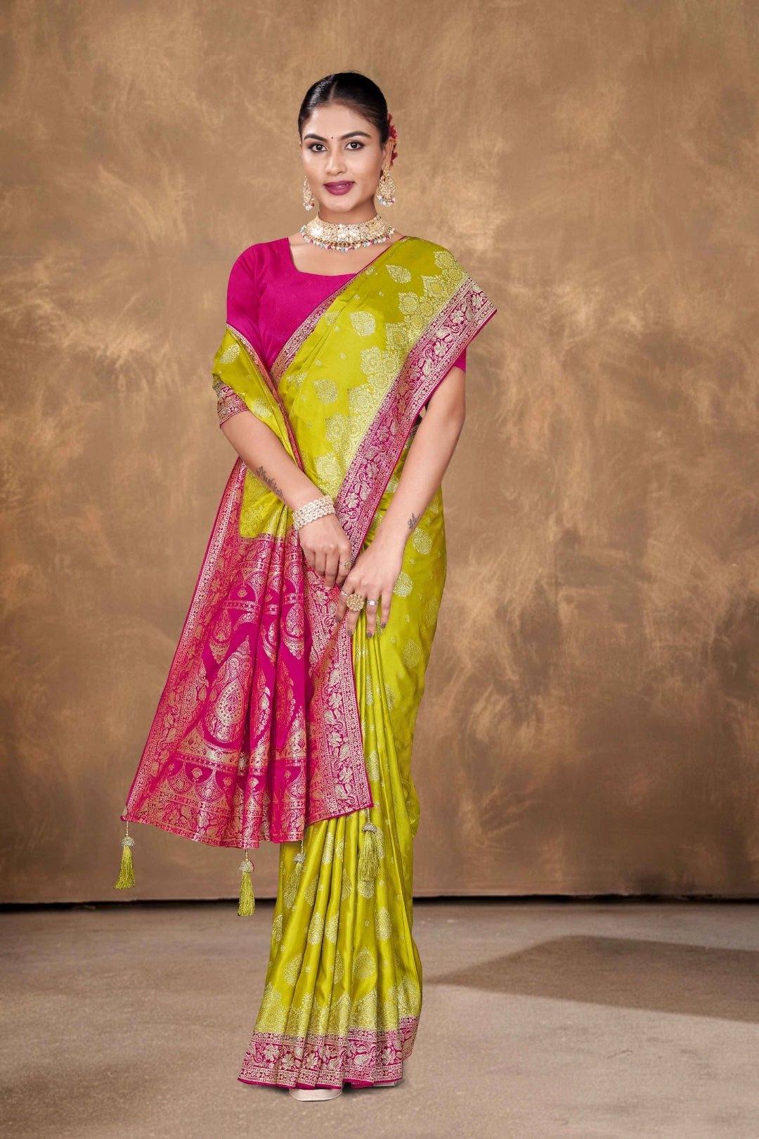Lime Green Satin Zari Woven Saree