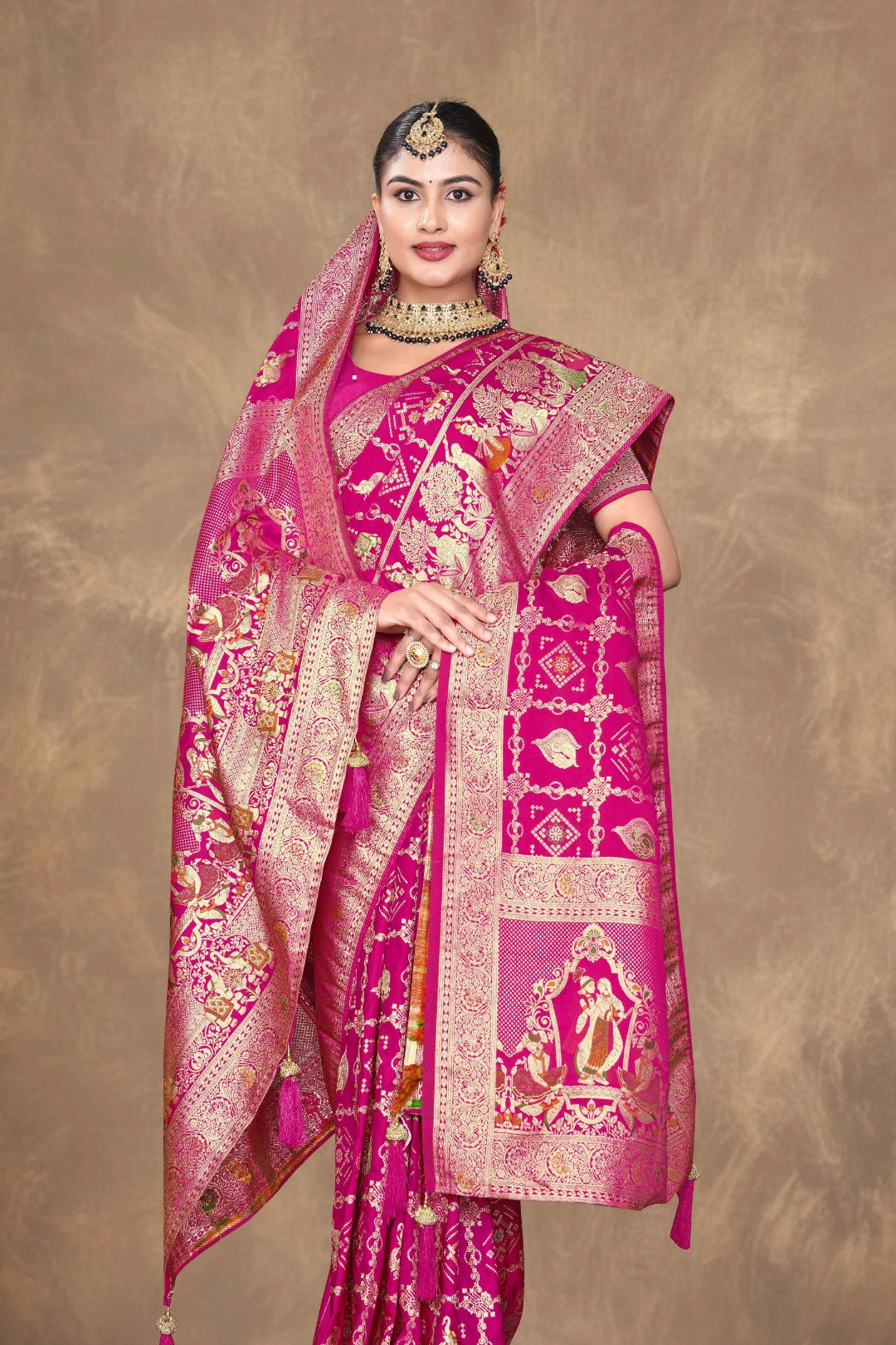 Rani Pink Royal Heritage Panel Woven Satin Saree with Dupatta