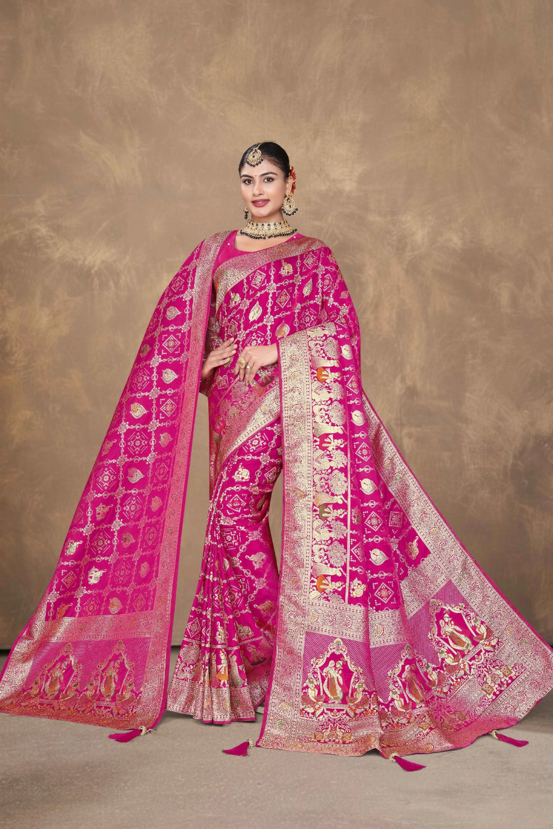 Rani Pink Royal Heritage Panel Woven Satin Saree with Dupatta