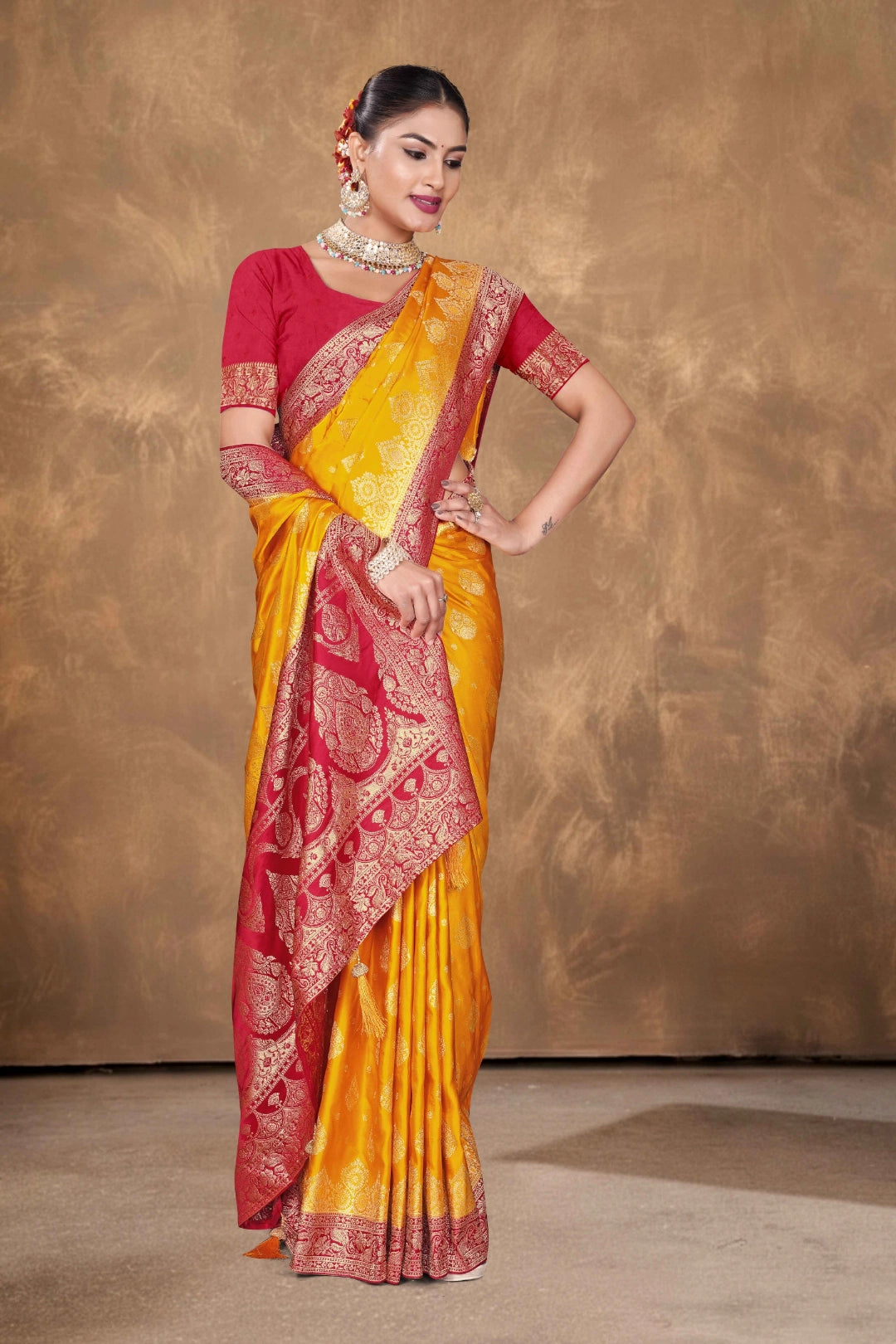 Mustard Yellow Satin Zari Woven Saree