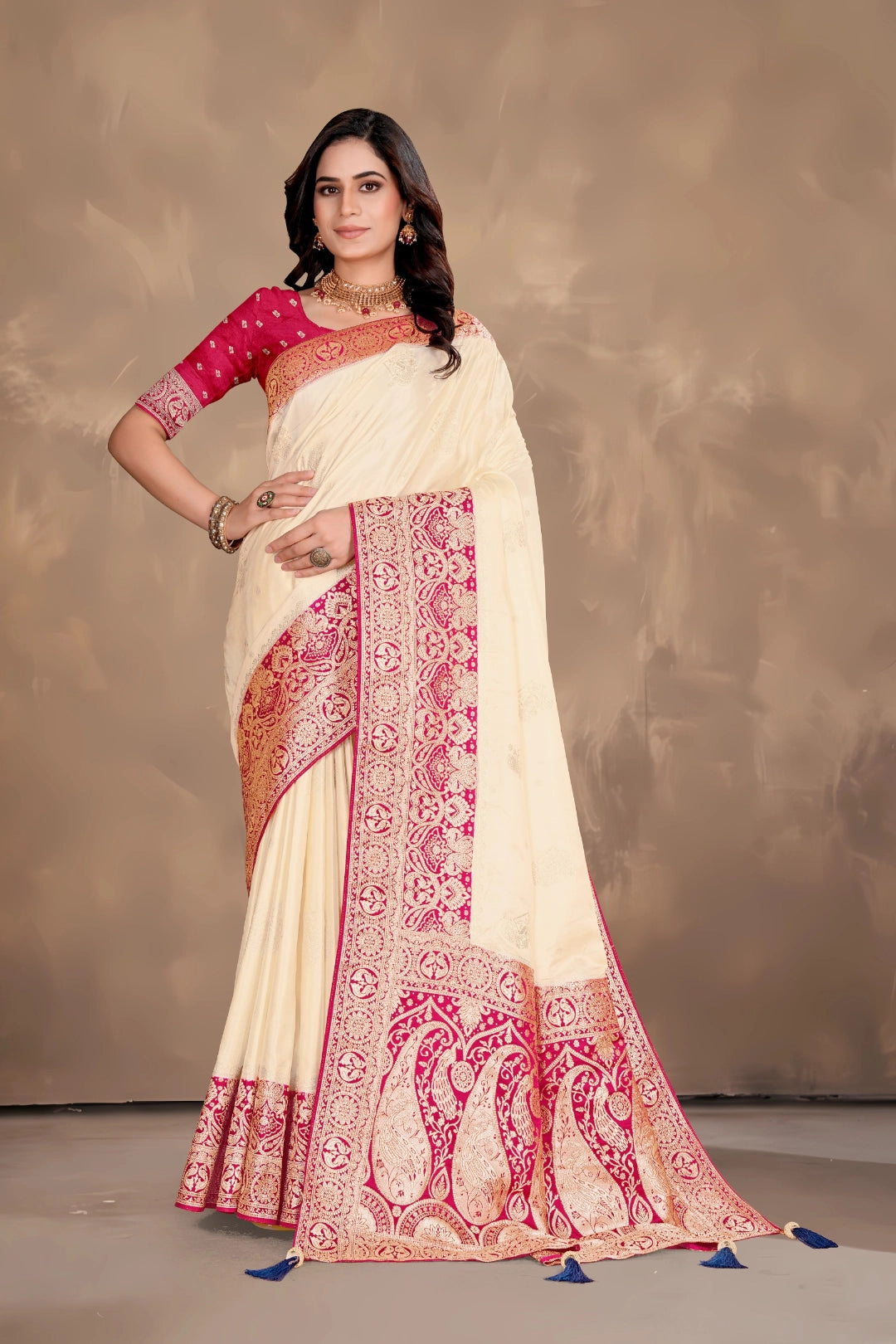 Ivory Cream Satin Woven Saree
