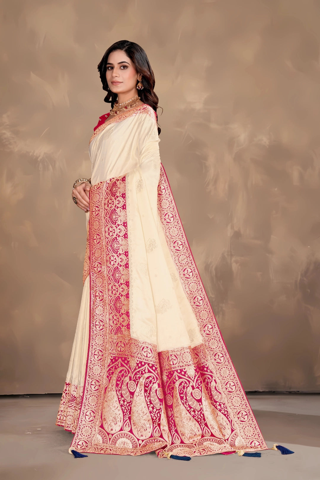 Ivory Cream Satin Woven Saree