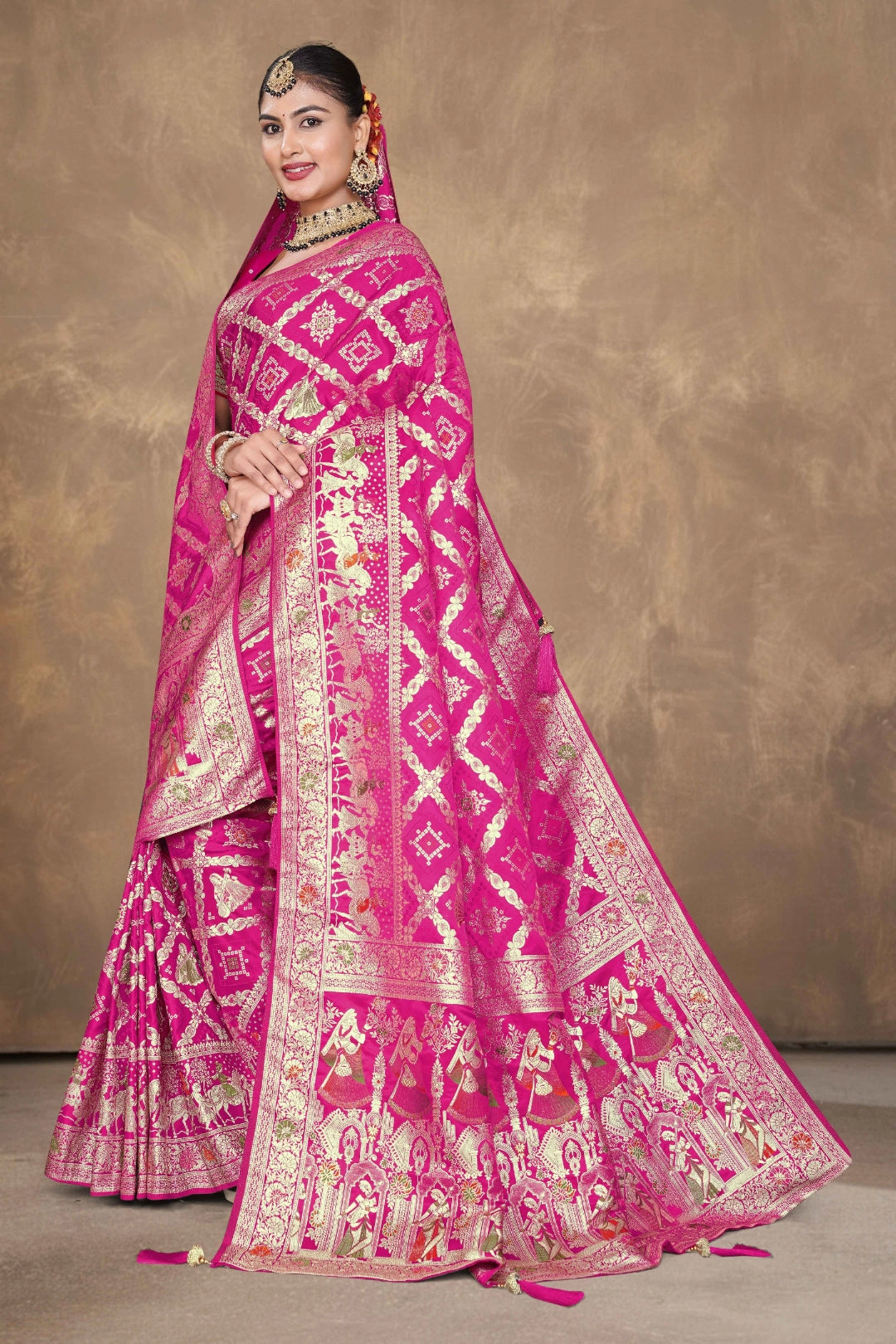 Rani Pink Royal Jaal Woven Satin Saree with Dupatta