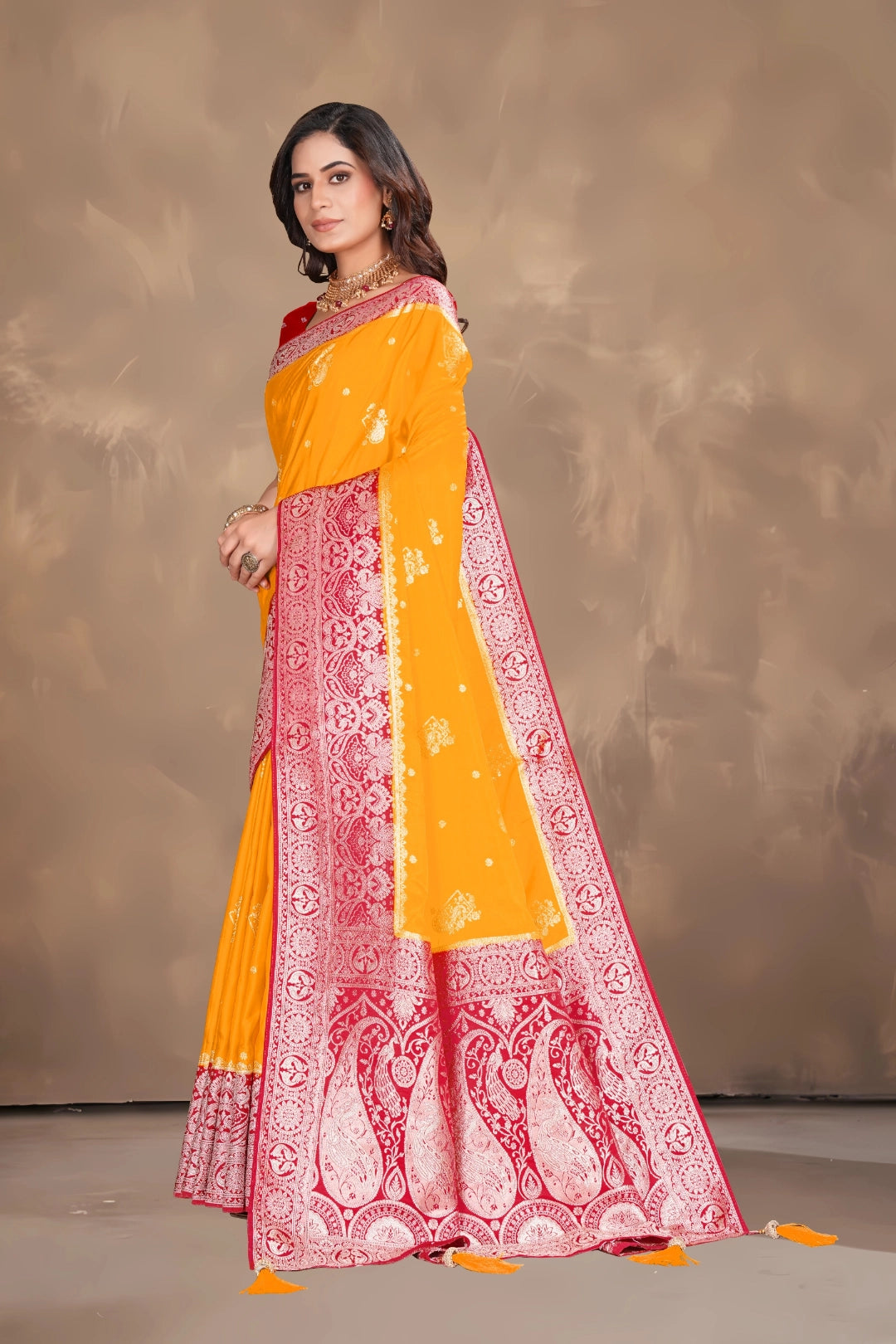Kesari Yellow Satin Woven Saree