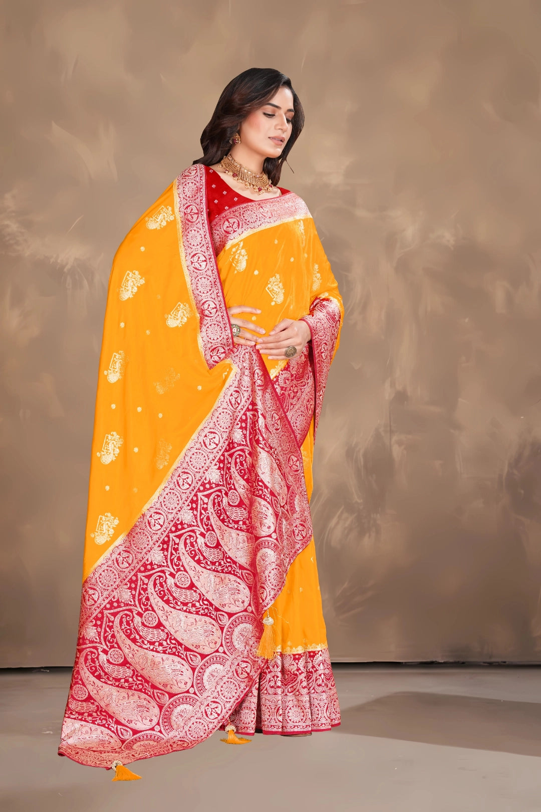 Kesari Yellow Satin Woven Saree