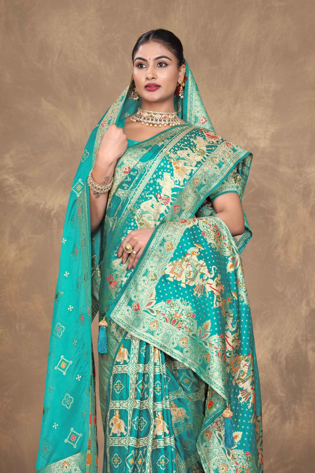 Turquoise Blue Royal Panel Woven Satin Saree with Dupatta