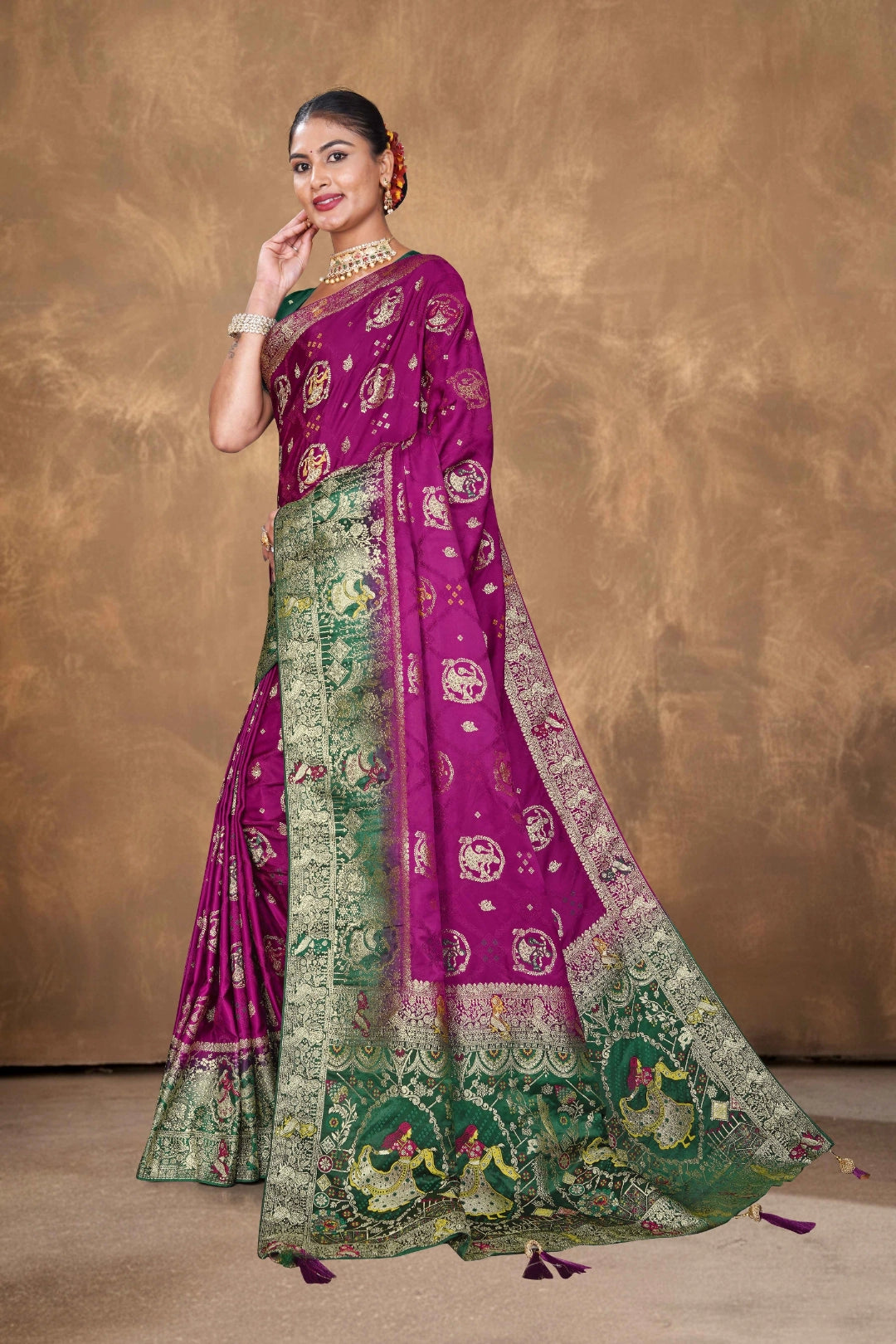 Deep Magenta Satin Woven Saree