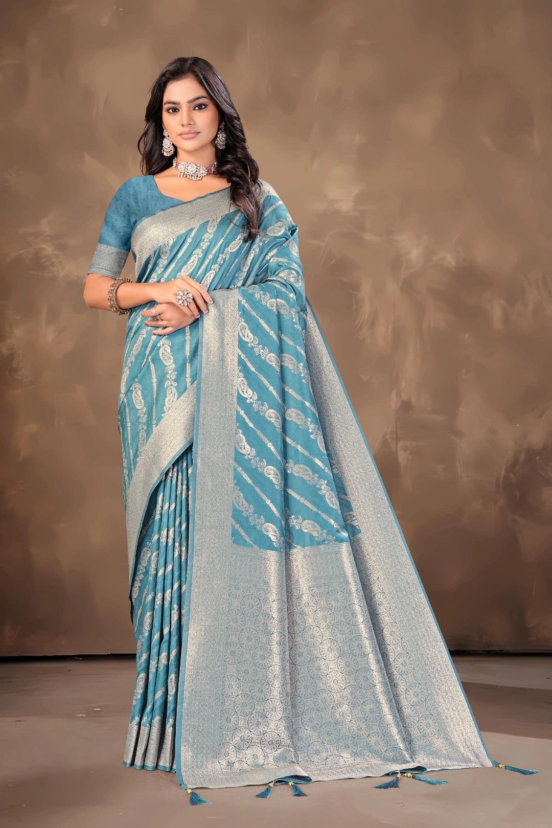 Teal Blue Dusty Banarsi Silk Saree