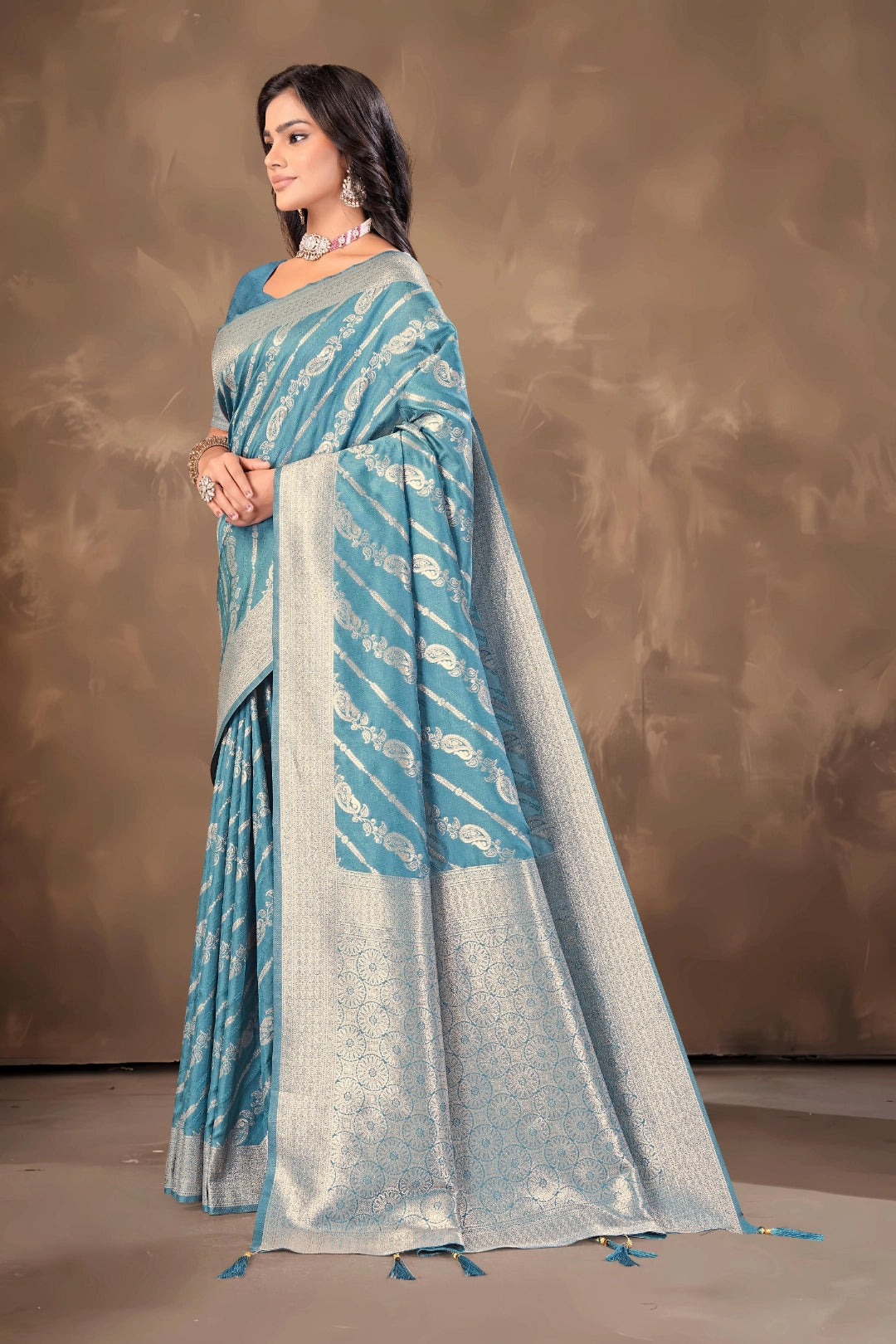 Teal Blue Dusty Banarsi Silk Saree