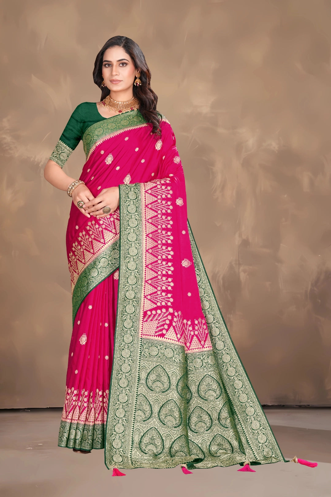 Rani Pink Satin Woven Saree