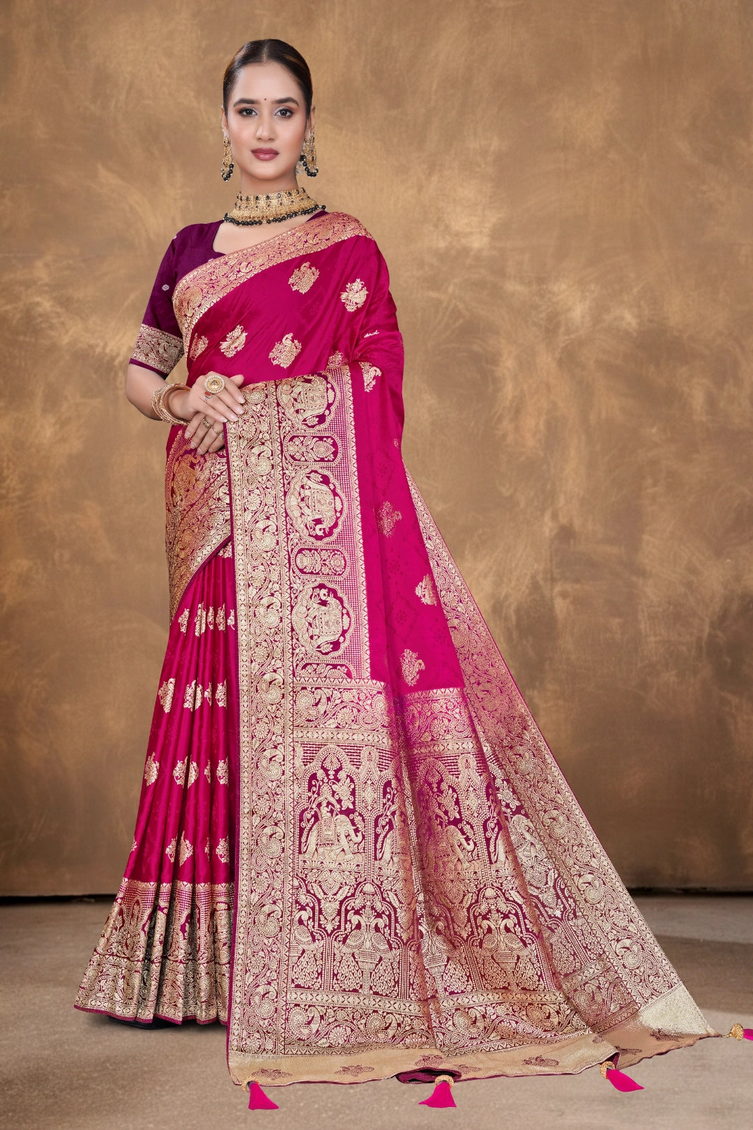 Rani Pink Satin Woven Saree