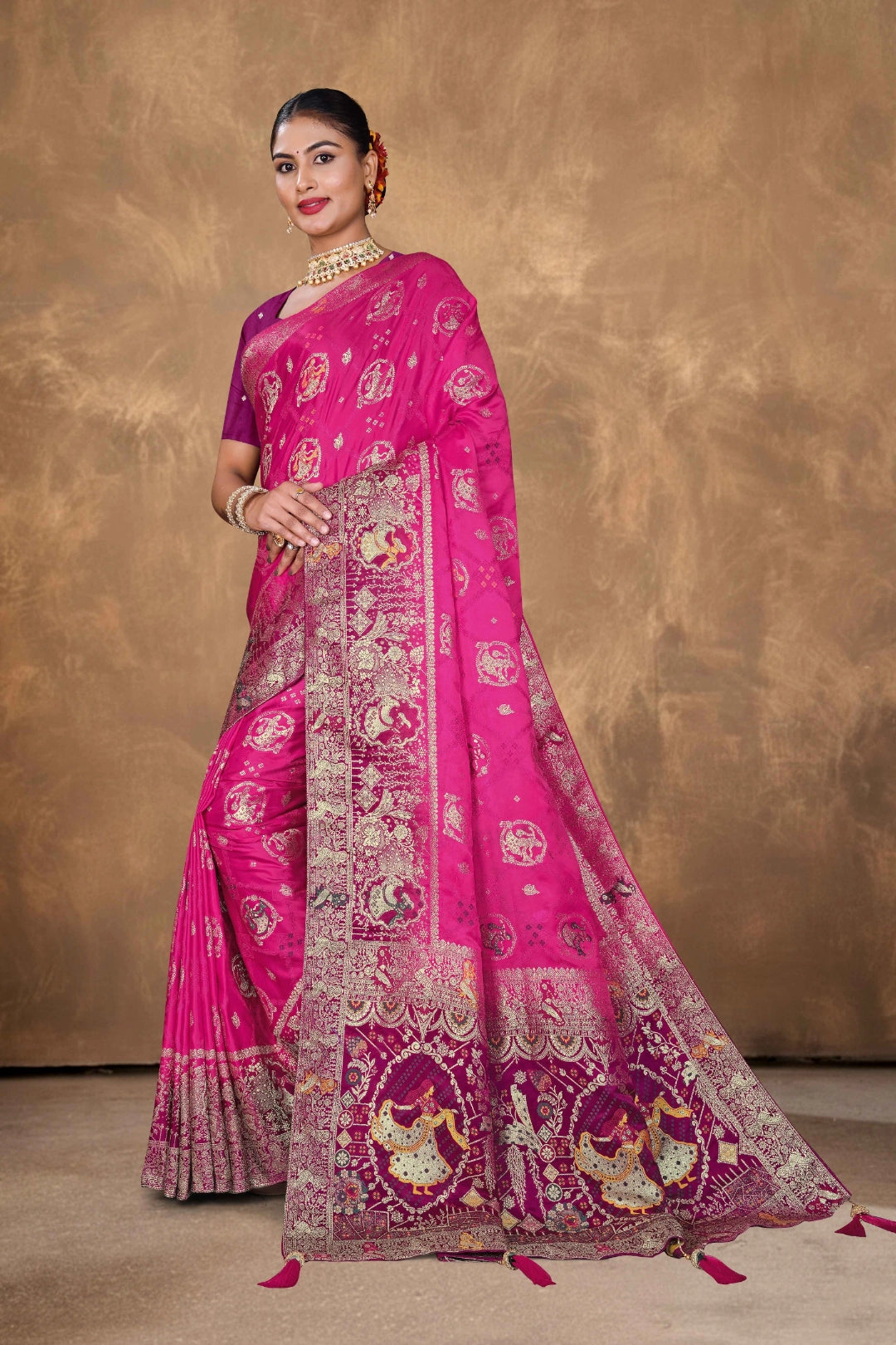 Rani Pink Satin Woven Saree