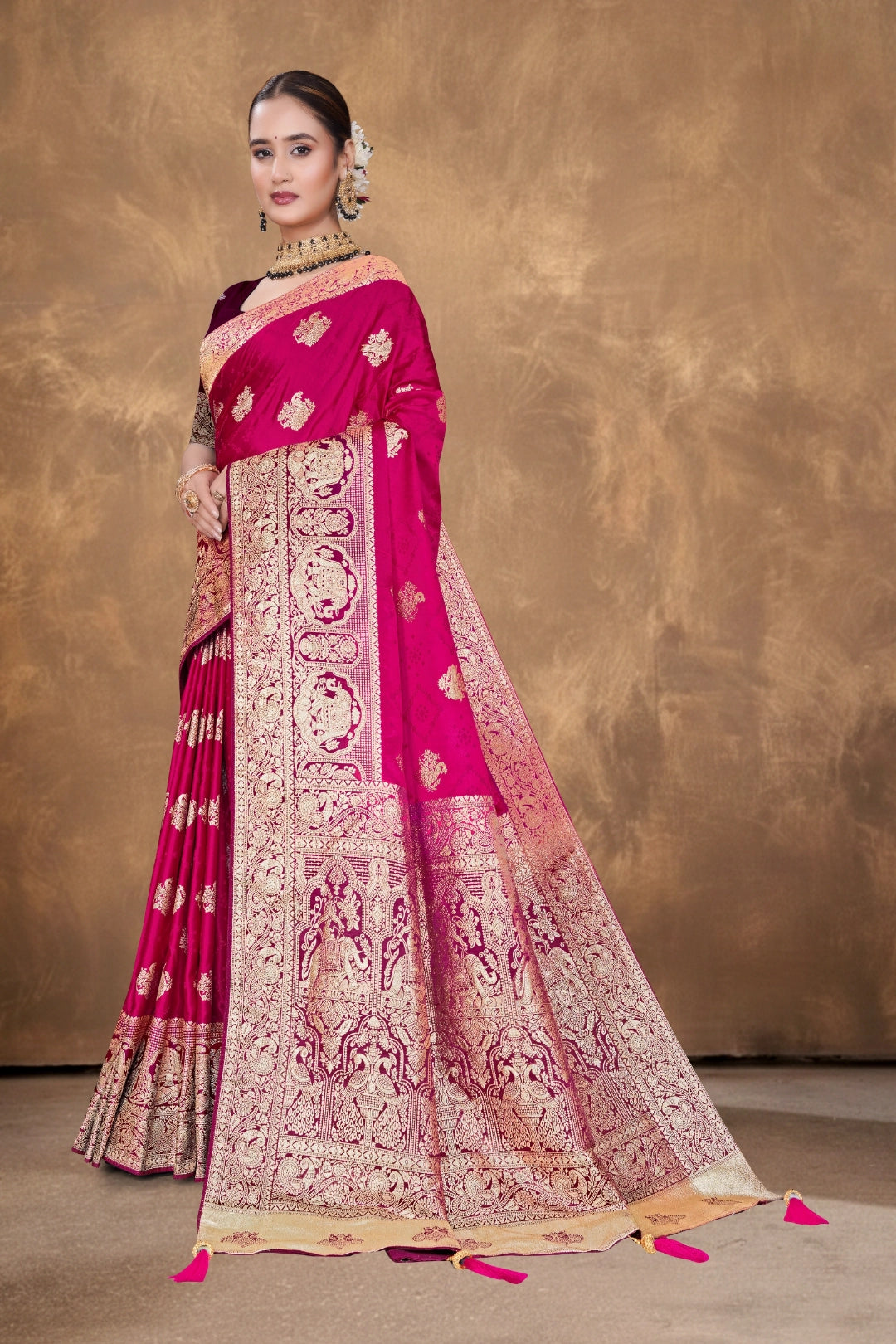 Rani Pink Satin Woven Saree