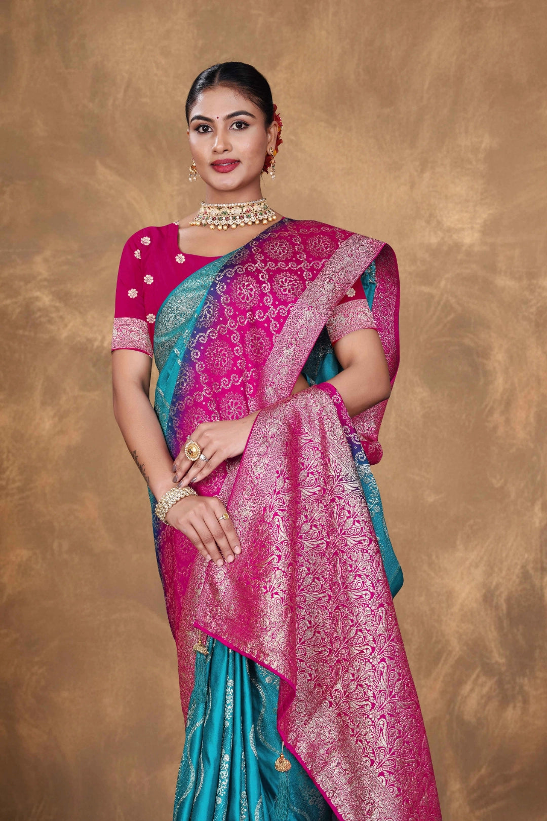 Rama Blue Banarasi Satin Woven Saree