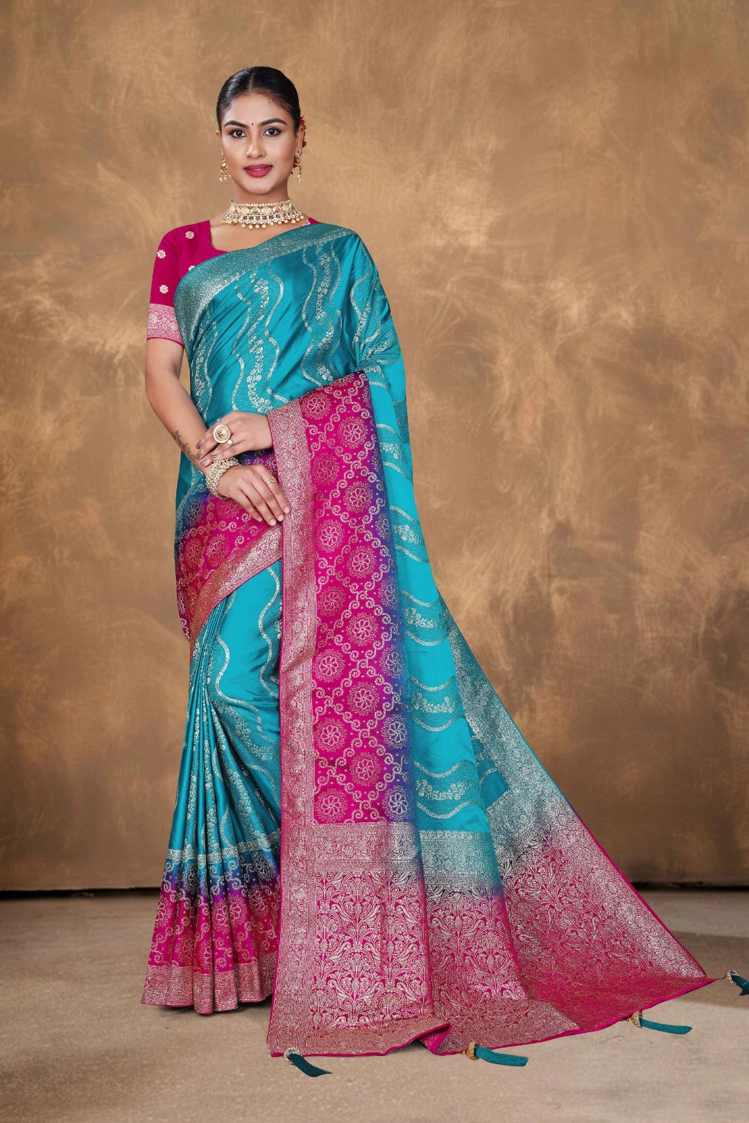 Rama Blue Banarasi Satin Woven Saree